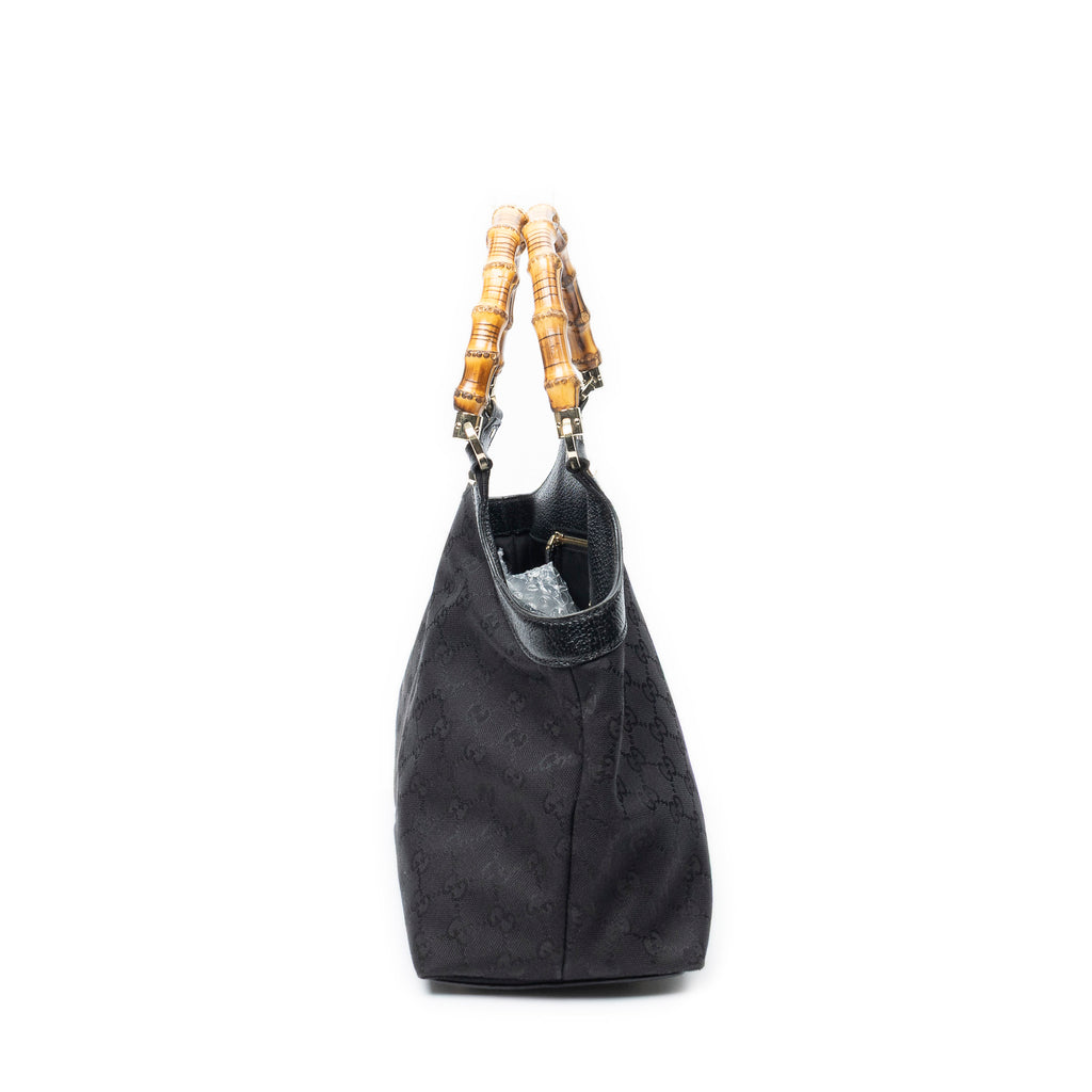 Shoulder Bag Bamboo Handle Tote Black Monogrammed Canvas
