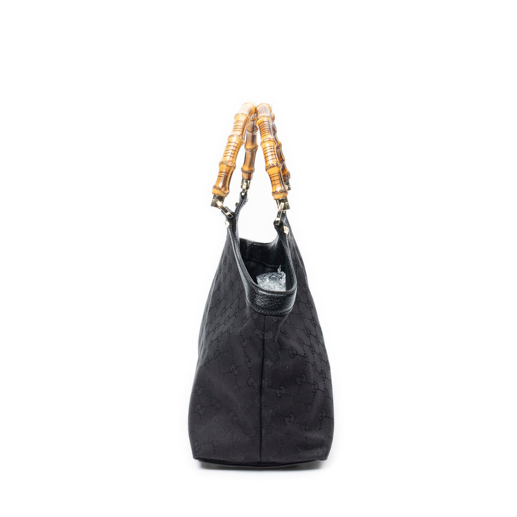 Shoulder Bag Bamboo Handle Tote Black Monogrammed Canvas