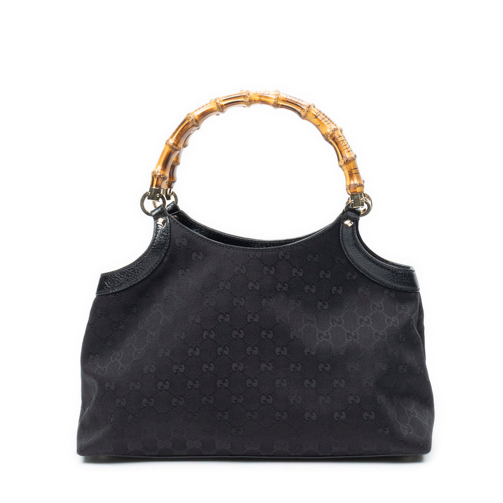 Shoulder Bag Bamboo Handle Tote Black Monogrammed Canvas
