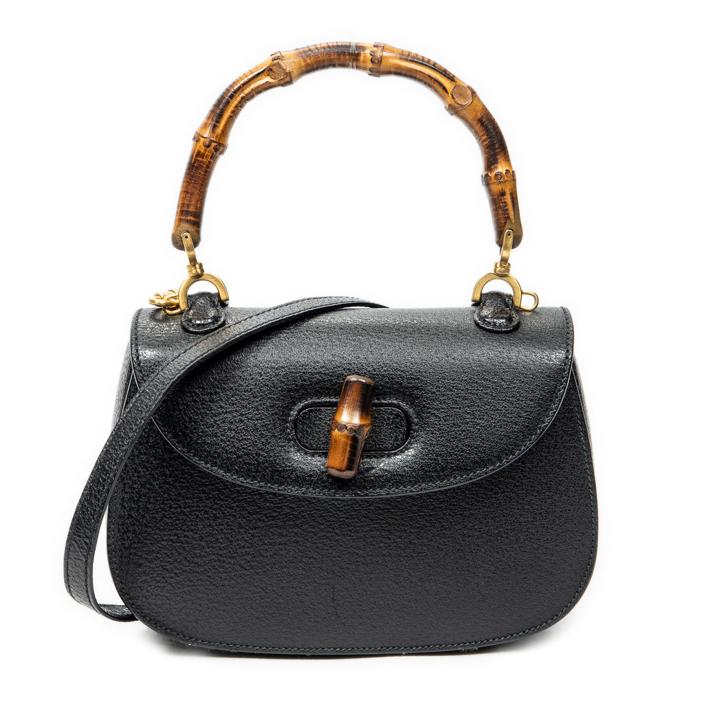 Shoulder Bag Small Bamboo Top Handle Black Calfskin Leather