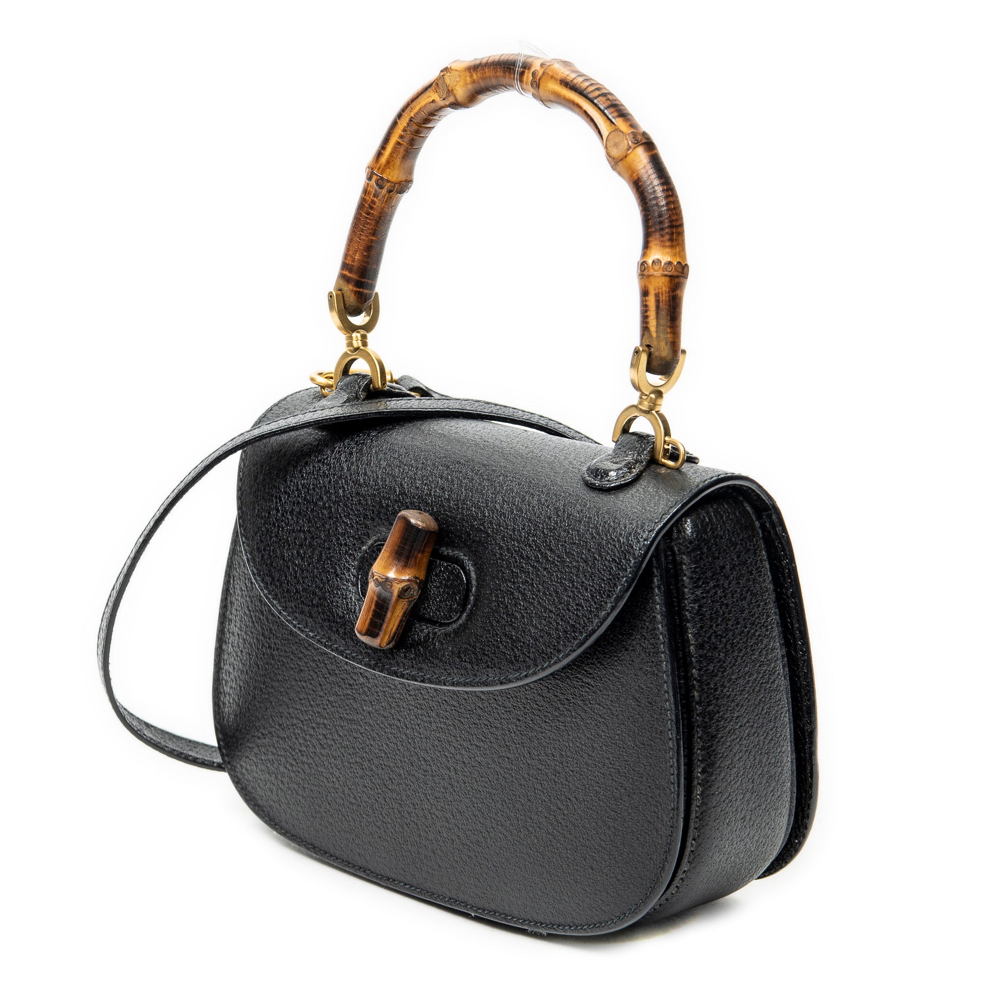Shoulder Bag Small Bamboo Top Handle Black Calfskin Leather