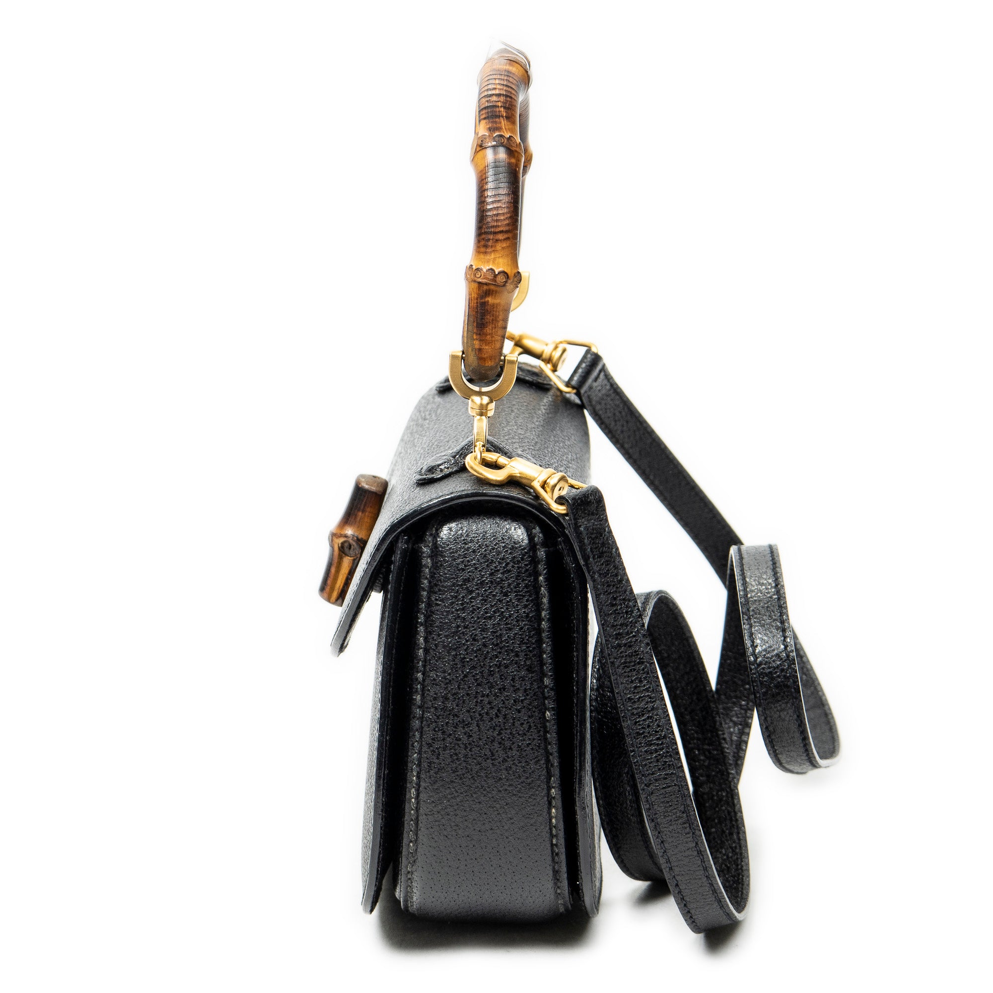 Shoulder Bag Small Bamboo Top Handle Black Calfskin Leather