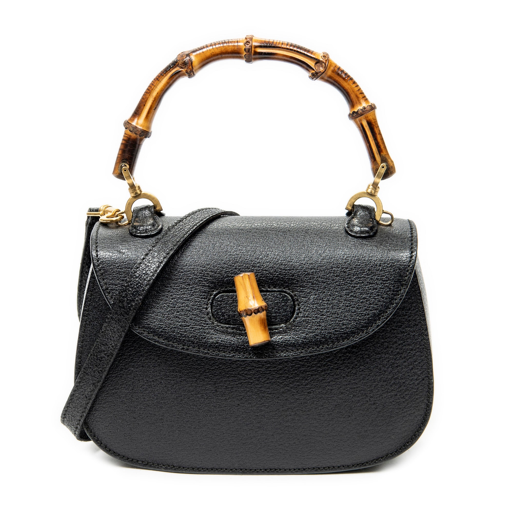 Shoulder Bag Small Bamboo Top Handle Black Calfskin Leather