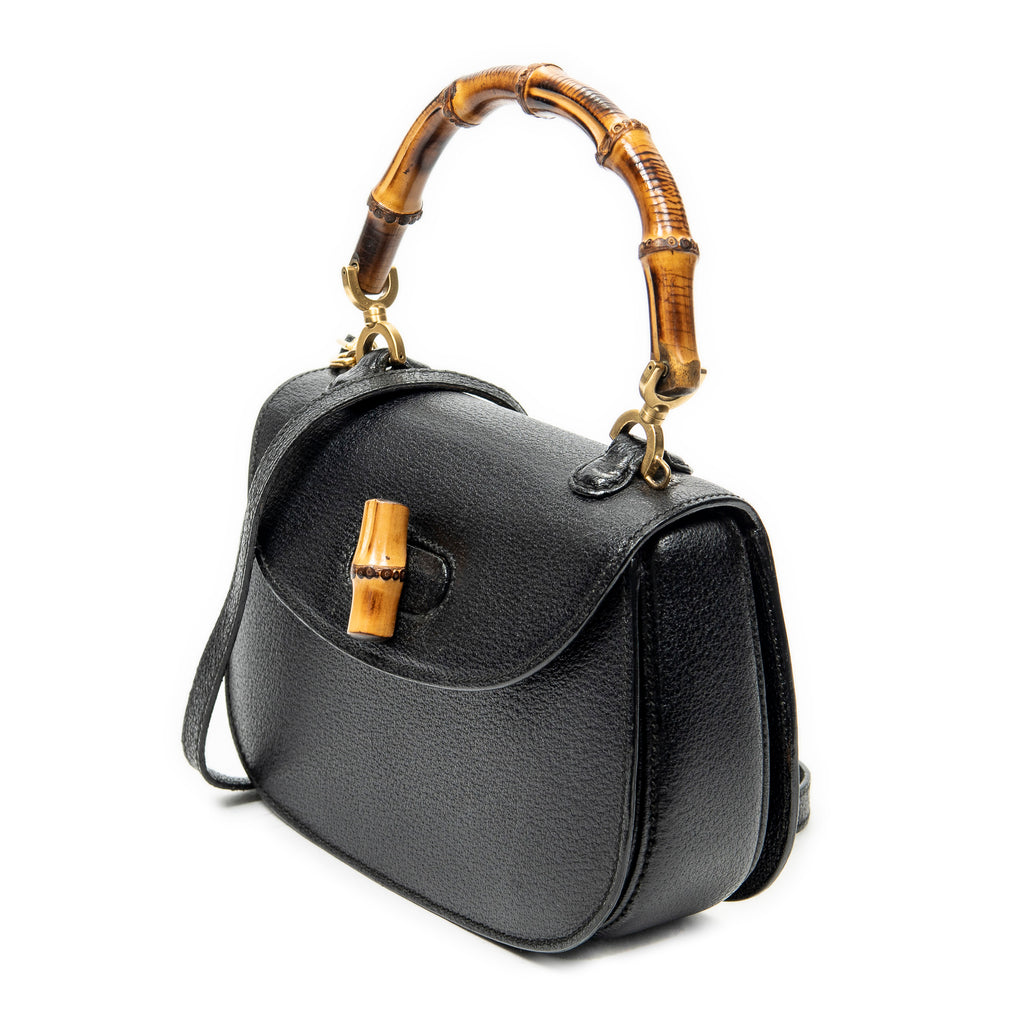 Shoulder Bag Small Bamboo Top Handle Black Calfskin Leather
