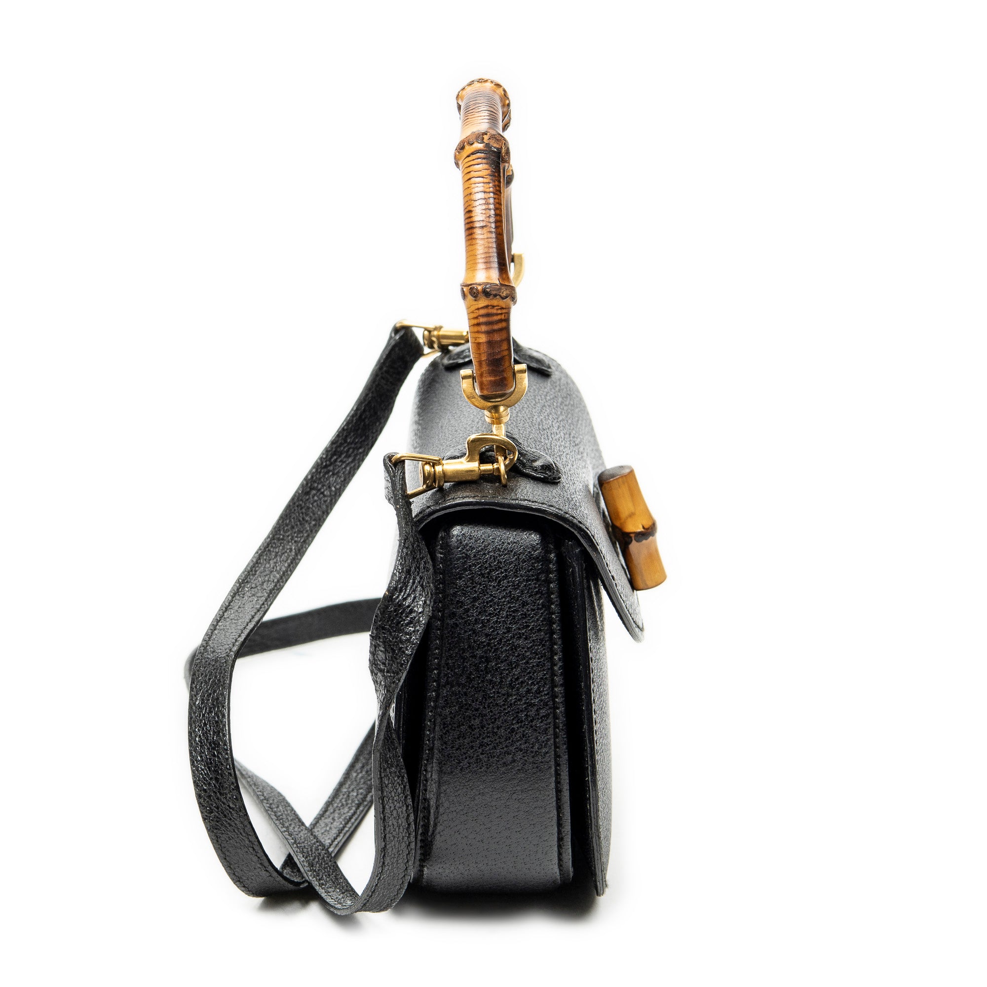 Shoulder Bag Small Bamboo Top Handle Black Calfskin Leather