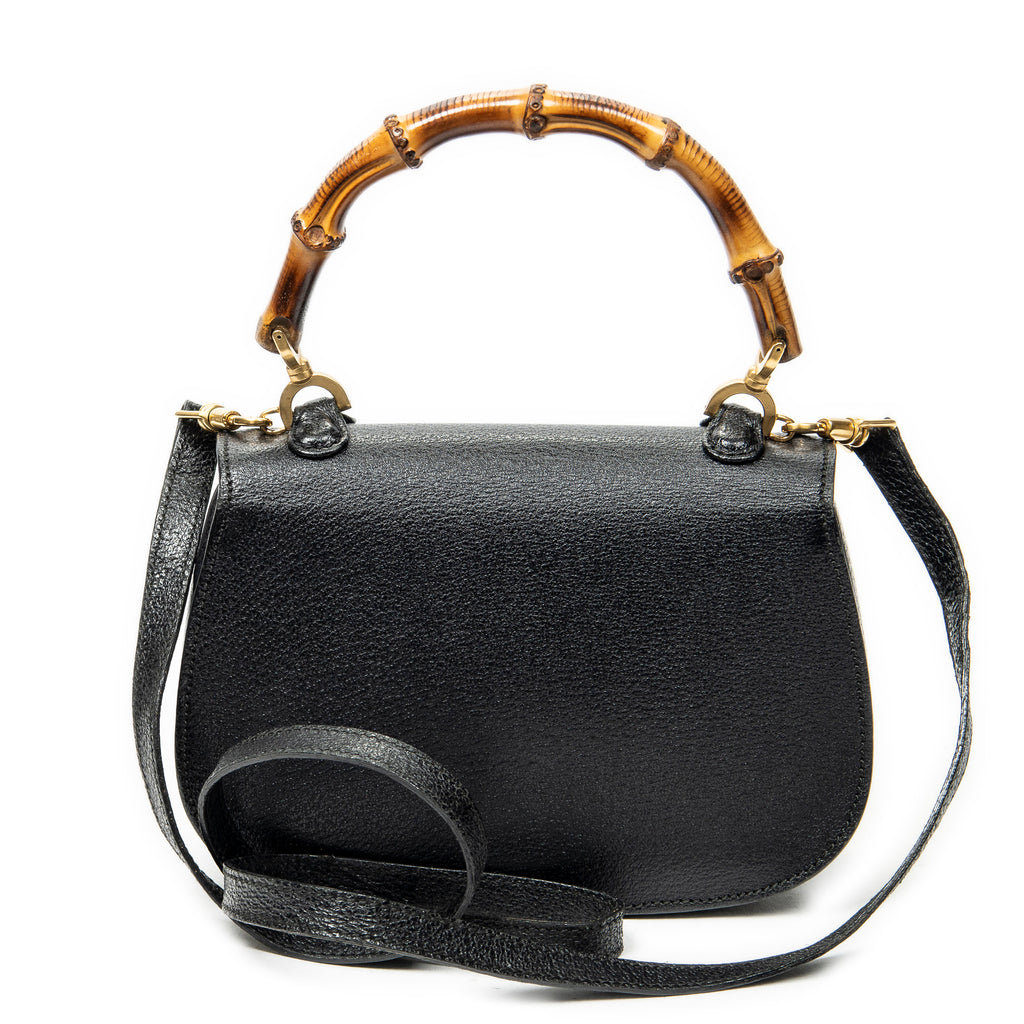 Shoulder Bag Small Bamboo Top Handle Black Calfskin Leather