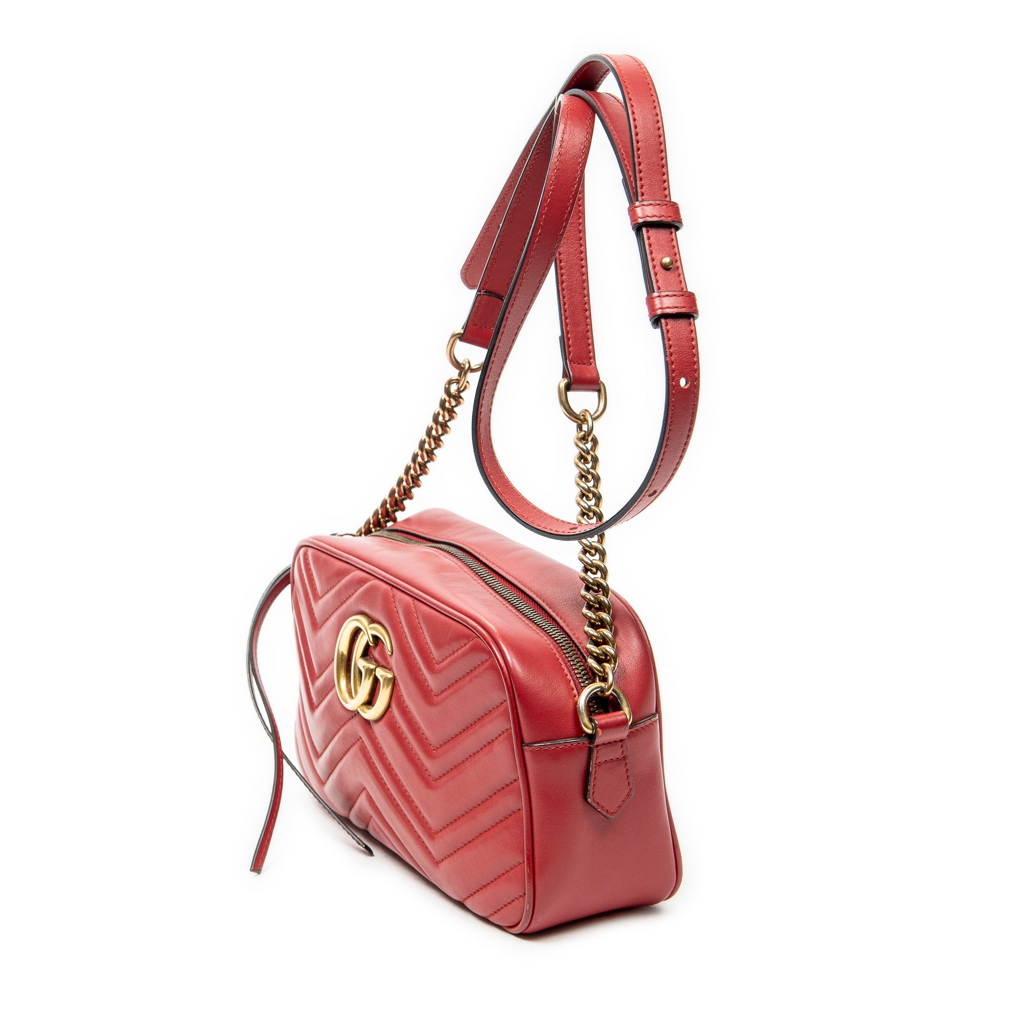 Shoulder Bag Small GG Marmont Chain Crossbody Red Quilted Chevron Leather