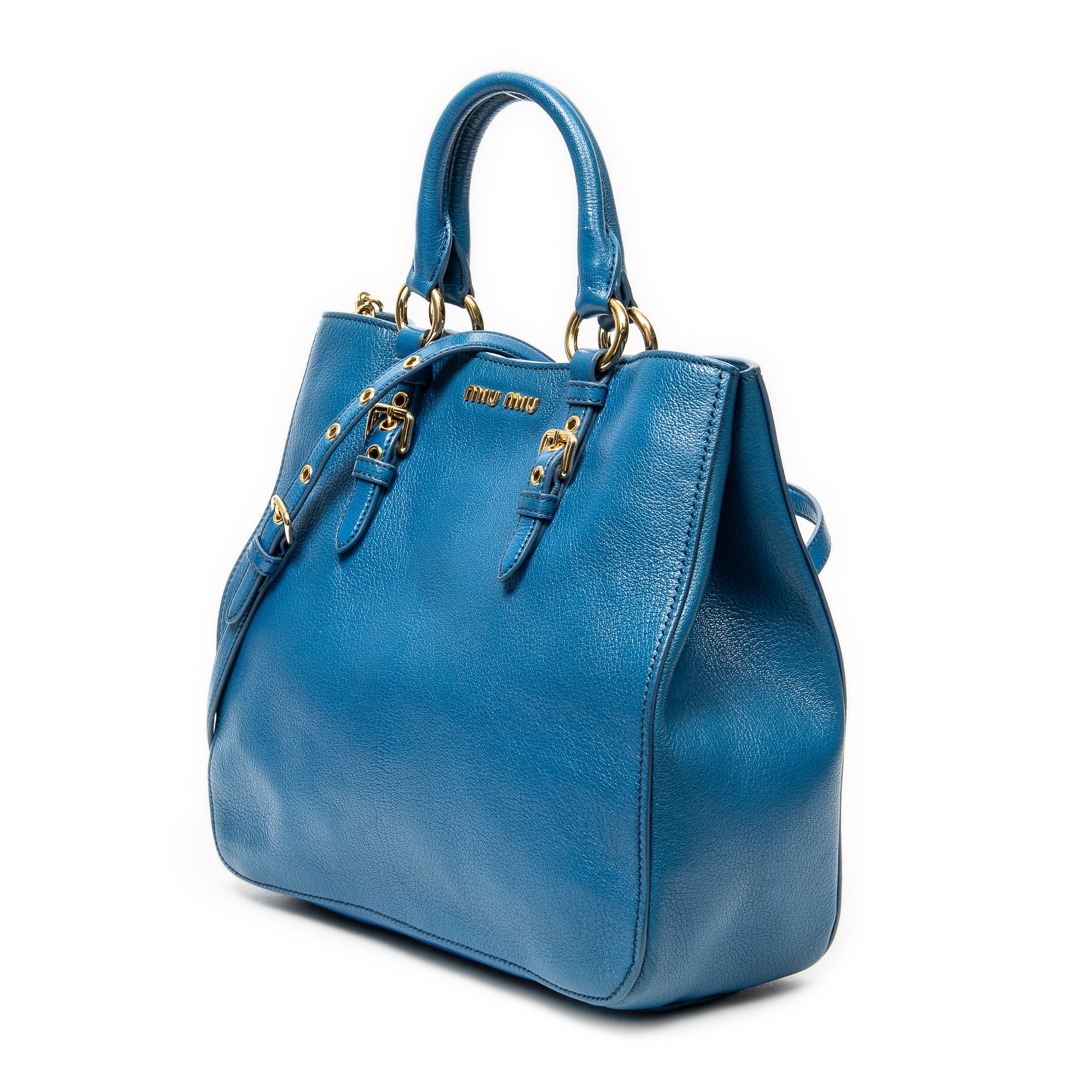 Shoulder Bag Convertible Square Tote Blue Goatskin Leather