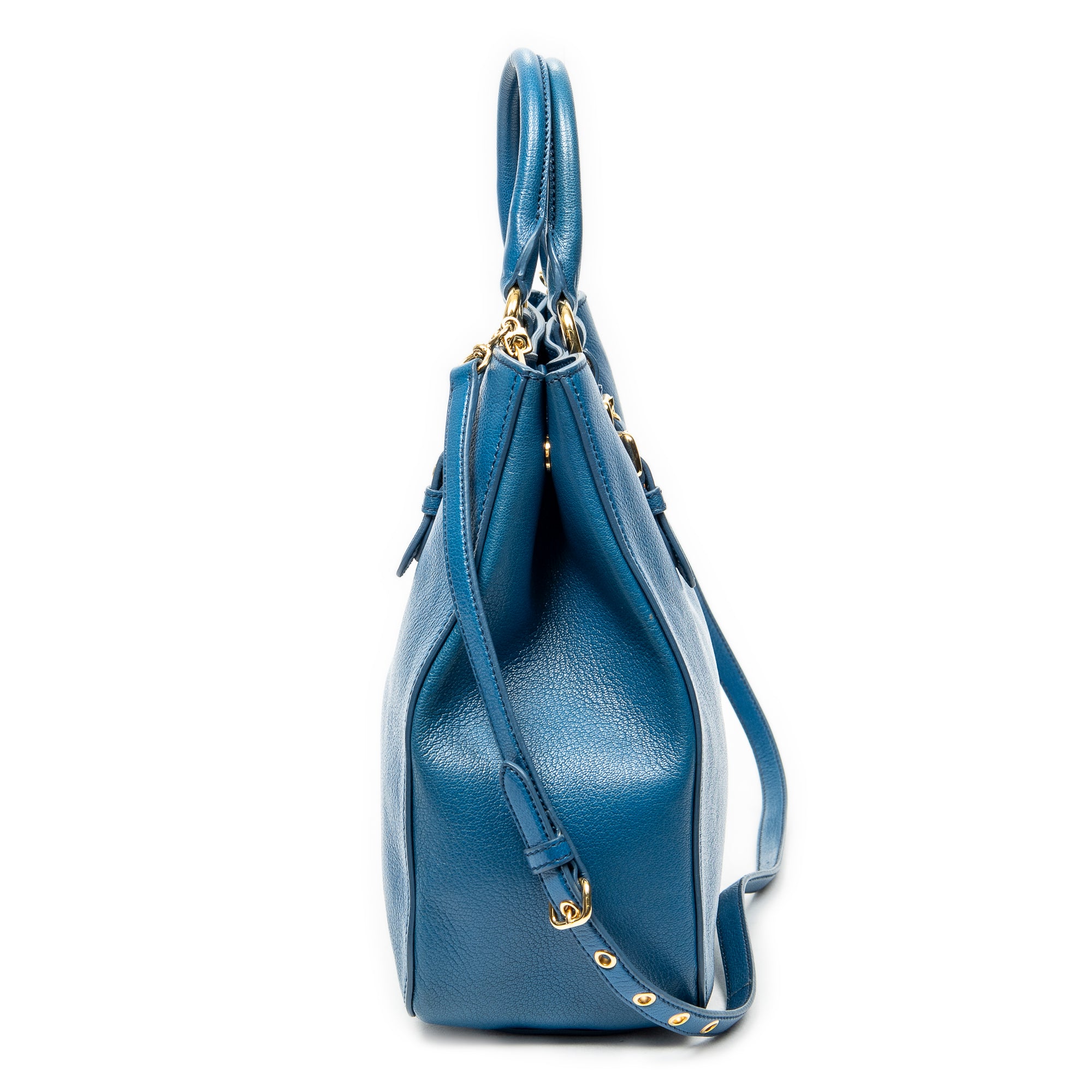 Shoulder Bag Convertible Square Tote Blue Goatskin Leather