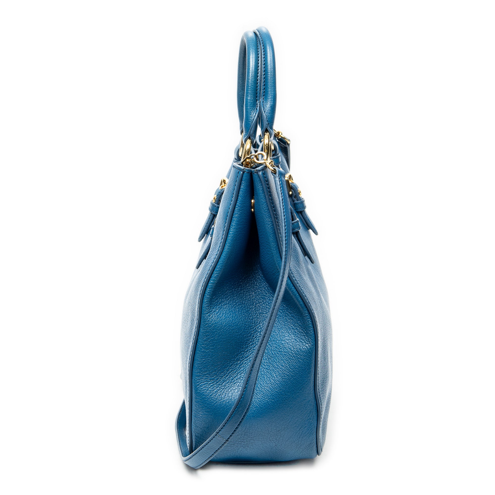 Shoulder Bag Convertible Square Tote Blue Goatskin Leather