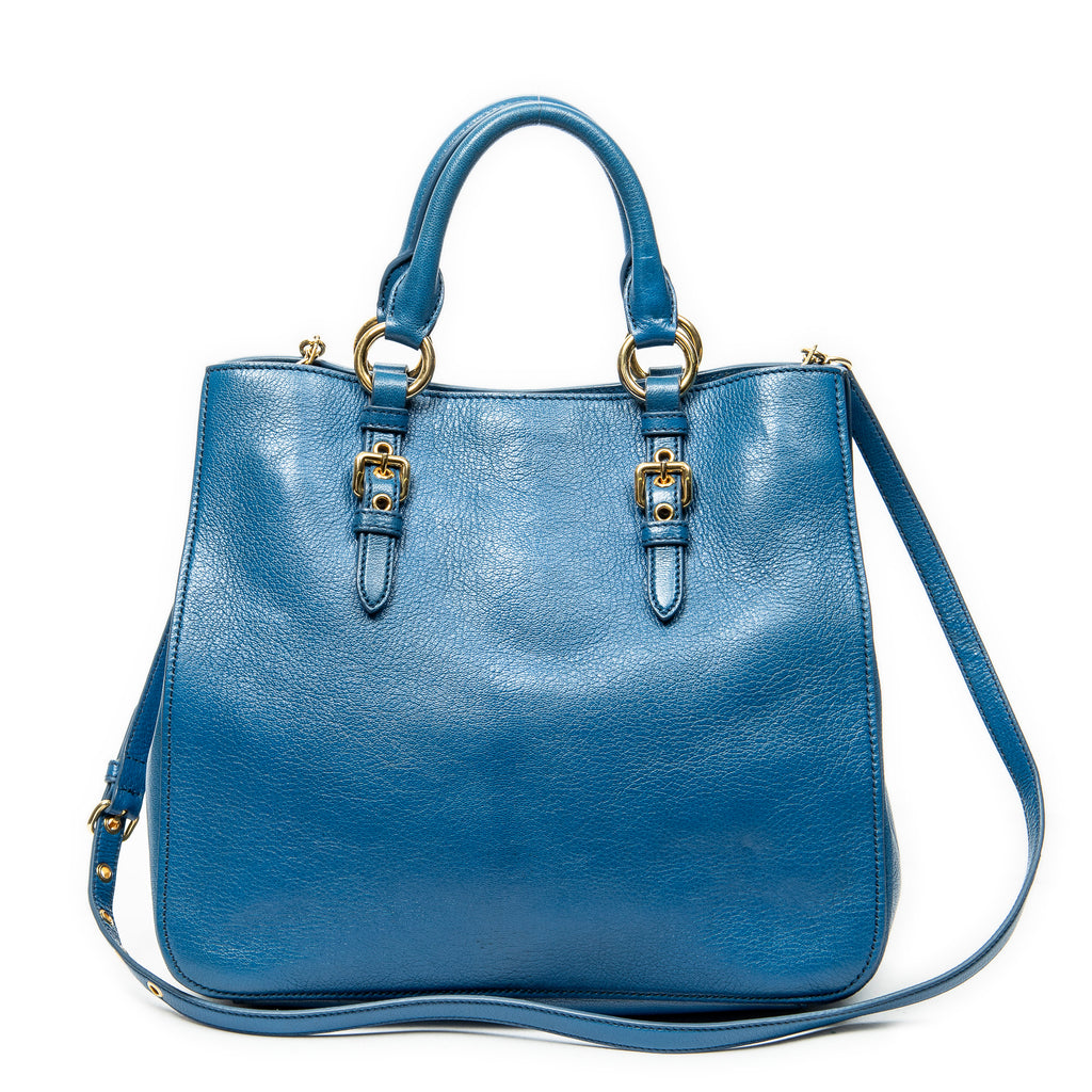 Shoulder Bag Convertible Square Tote Blue Goatskin Leather