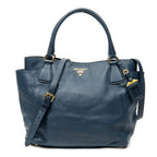 Shoulder Bag Side Pocket Tote Navy Vitello Daino Leather