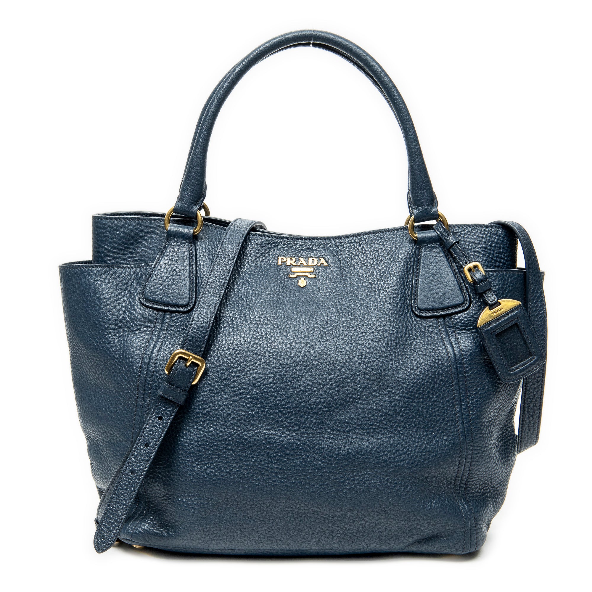 Shoulder Bag Side Pocket Tote Navy Vitello Daino Leather