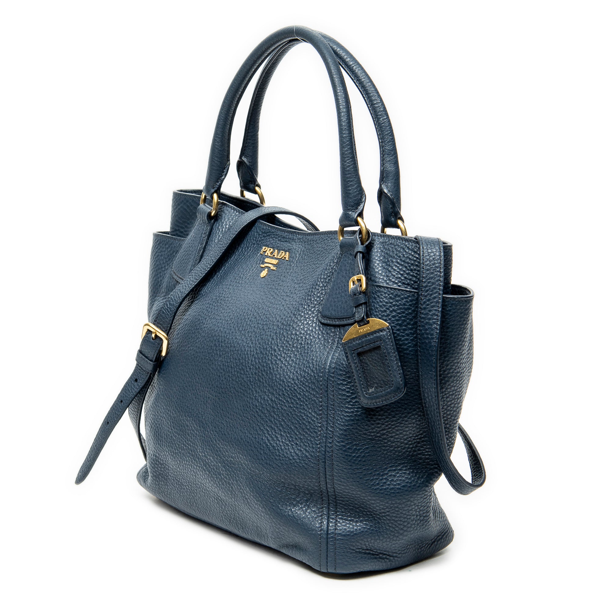 Shoulder Bag Side Pocket Tote Navy Vitello Daino Leather