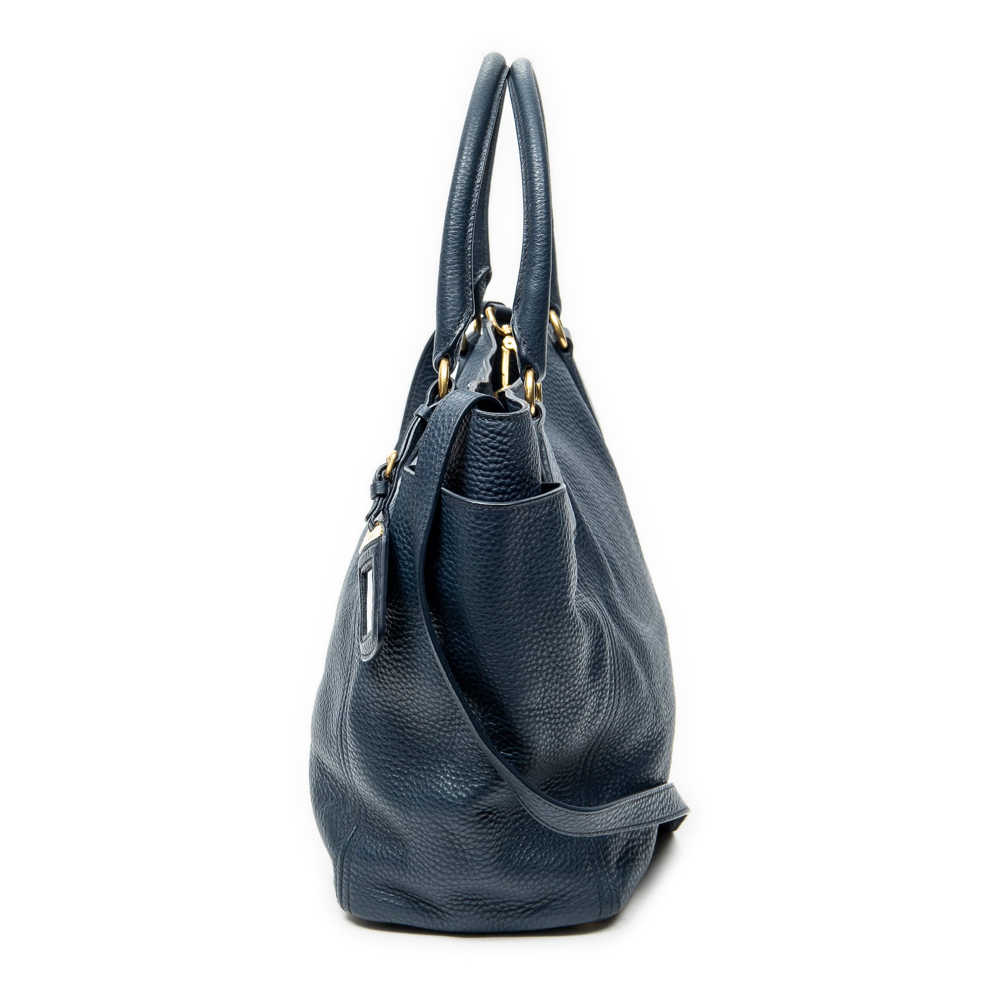 Shoulder Bag Side Pocket Tote Navy Vitello Daino Leather