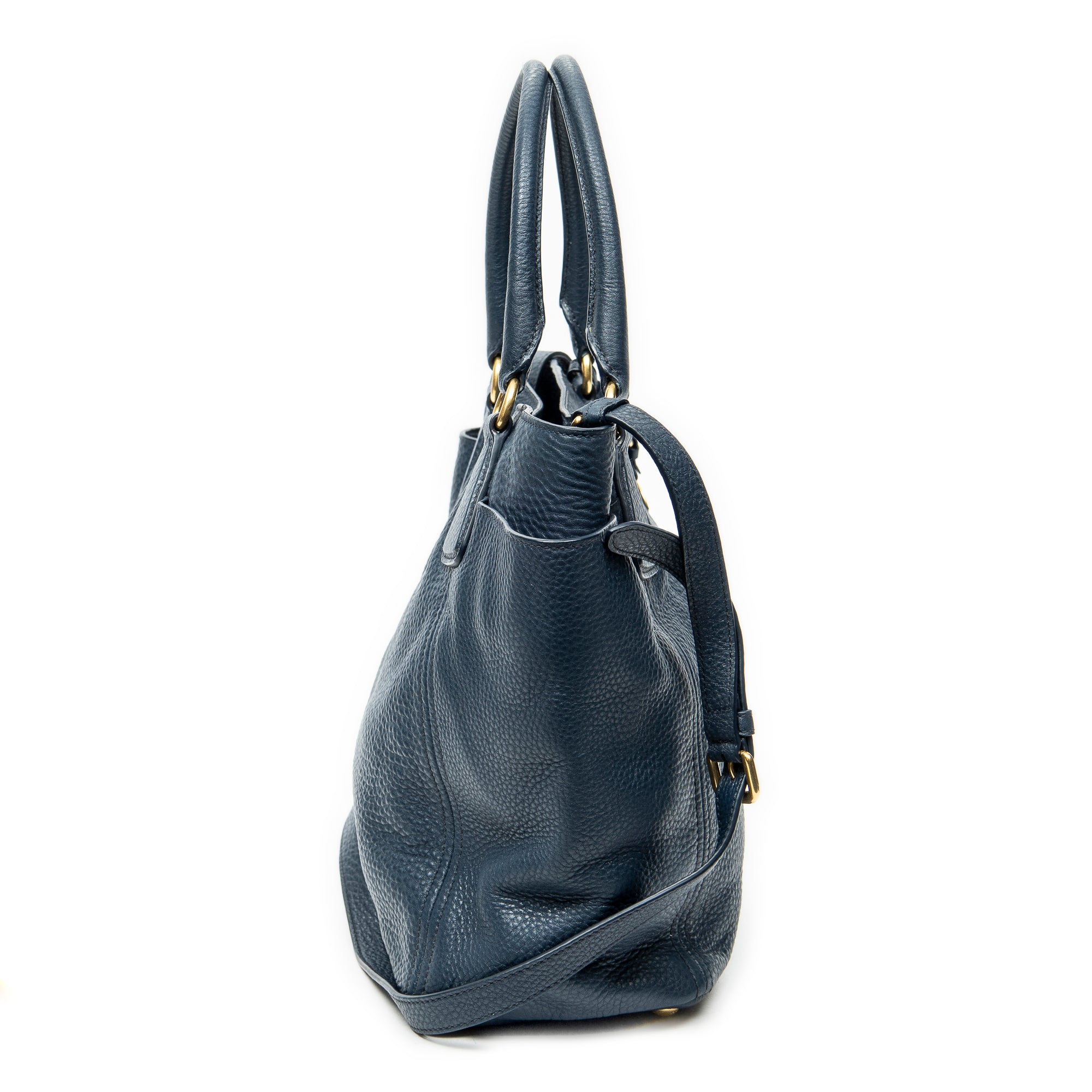 Shoulder Bag Side Pocket Tote Navy Vitello Daino Leather