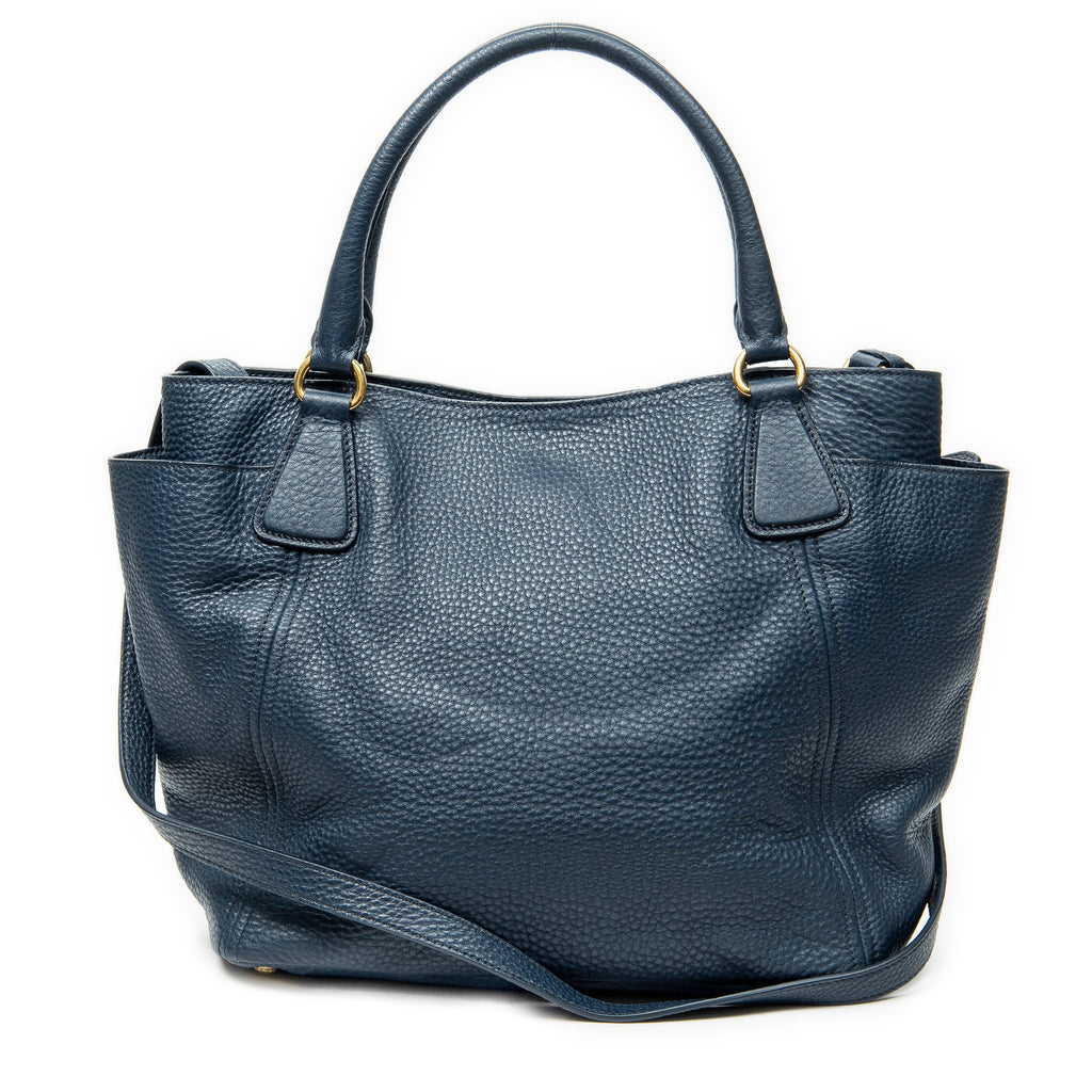 Shoulder Bag Side Pocket Tote Navy Vitello Daino Leather