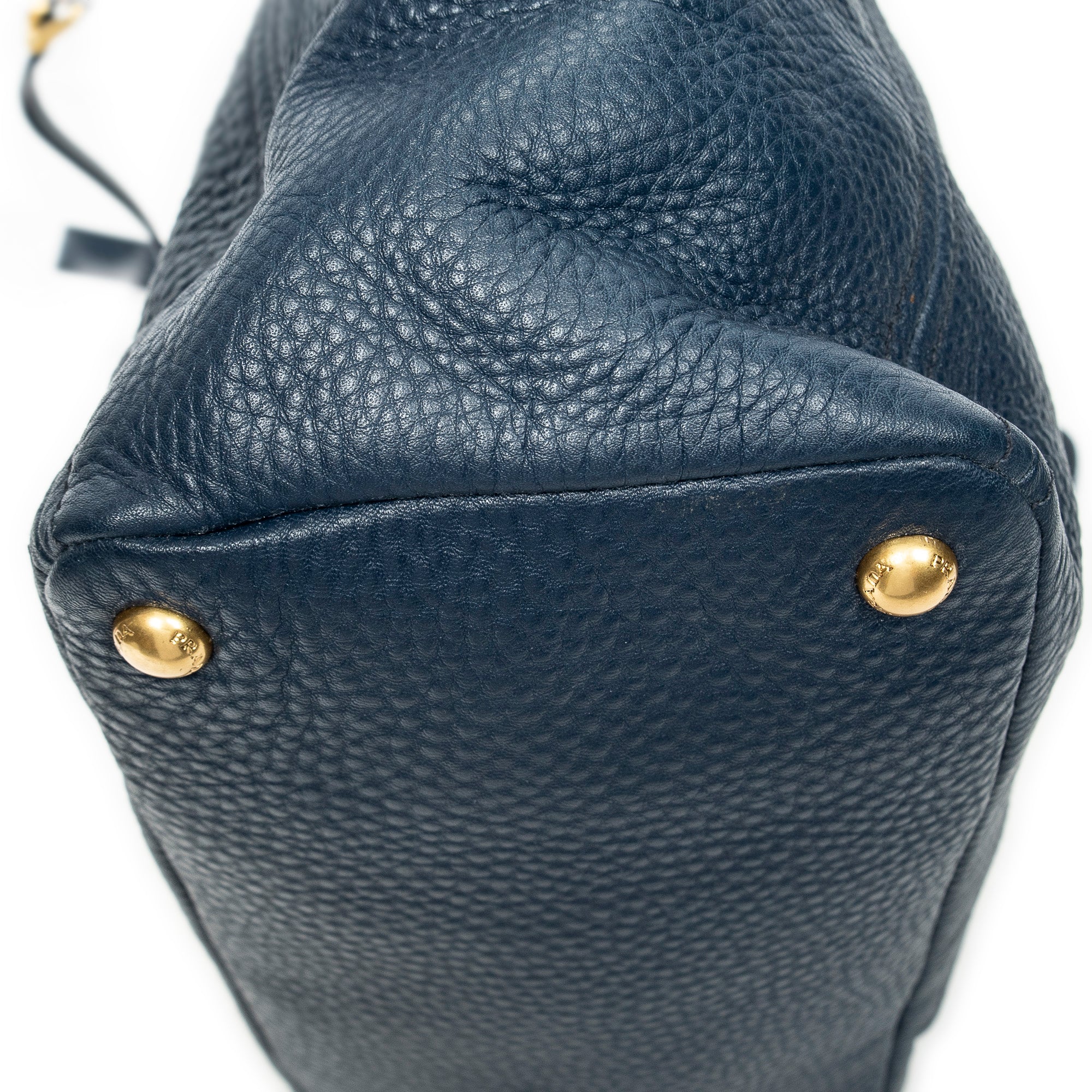 Shoulder Bag Side Pocket Tote Navy Vitello Daino Leather