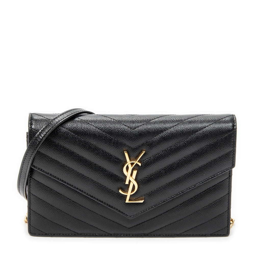 Shoulder Bag Envelope Wallet On Chain Black Quilted Grain de Poudre Leather