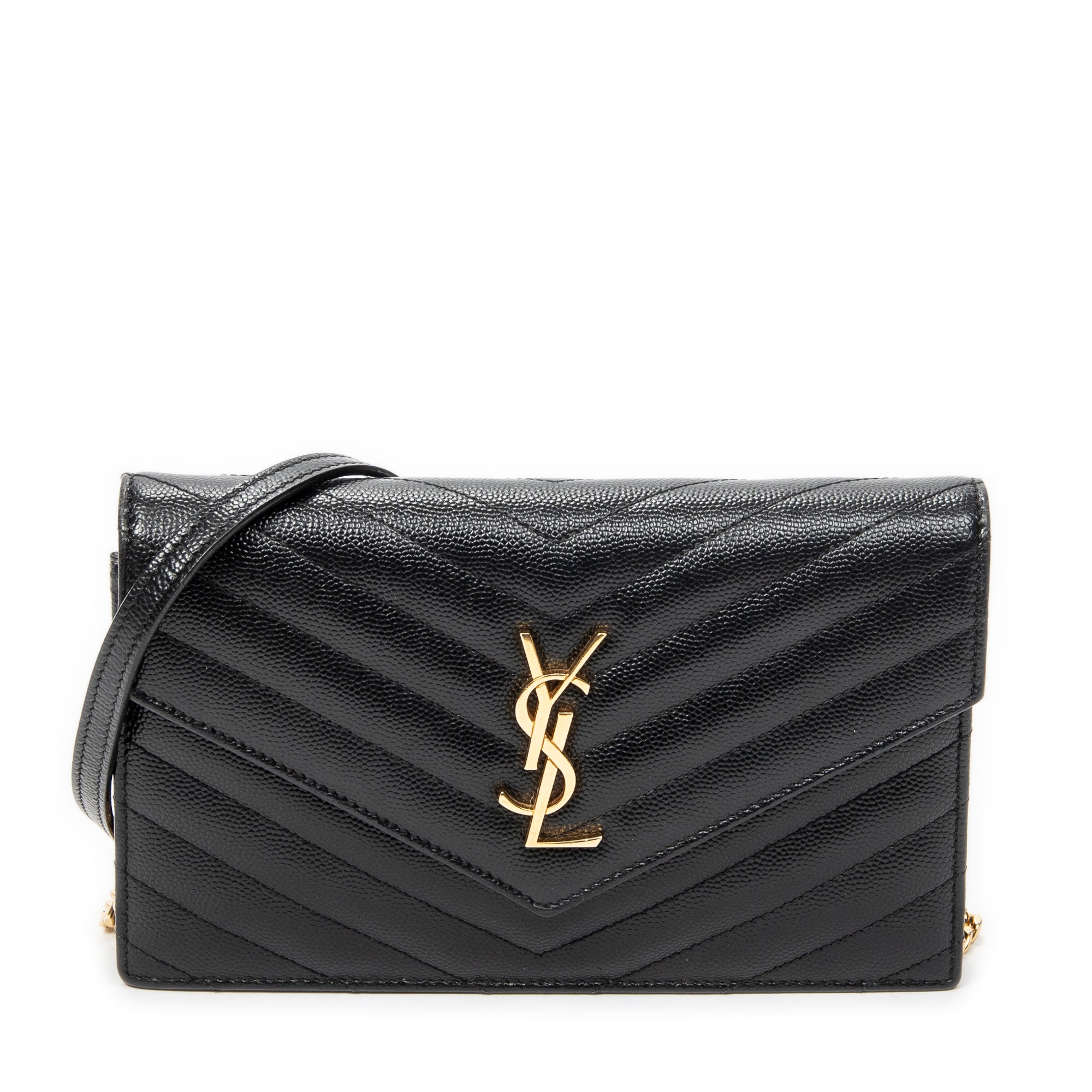 Shoulder Bag Envelope Wallet On Chain Black Quilted Grain de Poudre Leather
