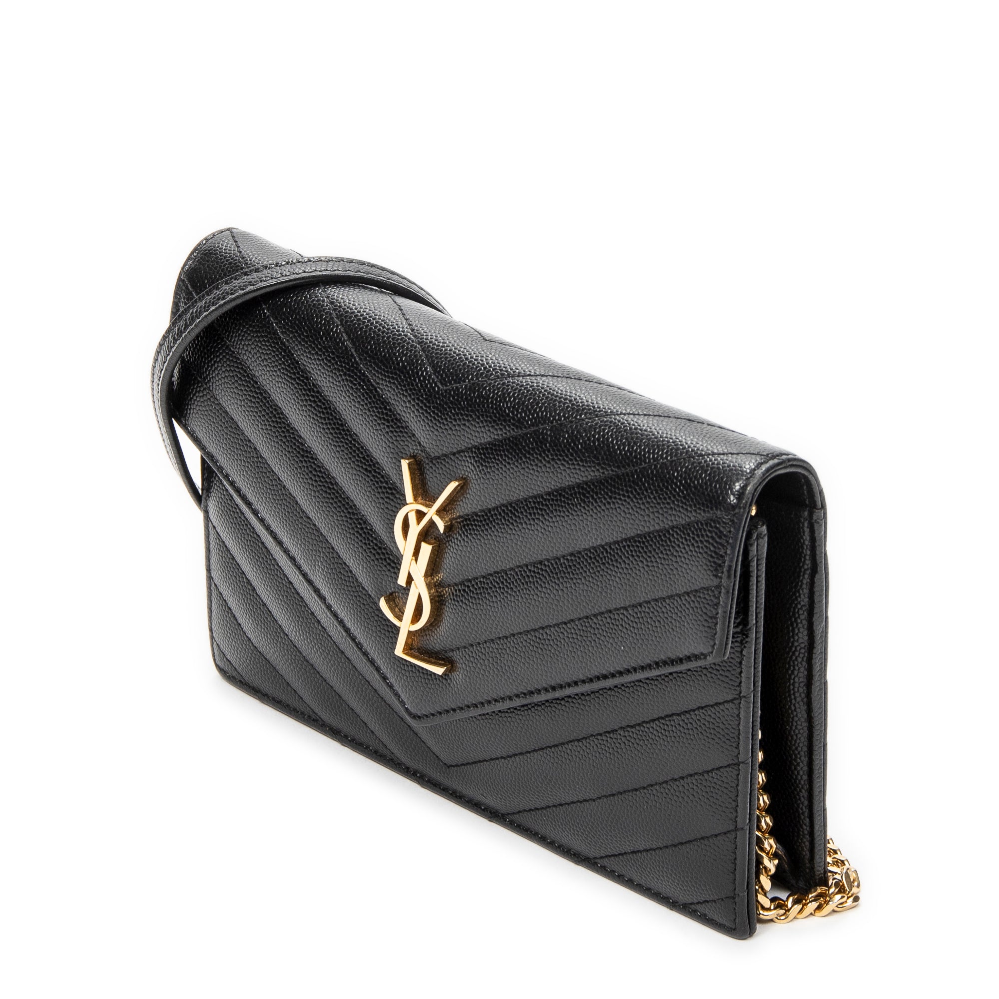 Shoulder Bag Envelope Wallet On Chain Black Quilted Grain de Poudre Leather