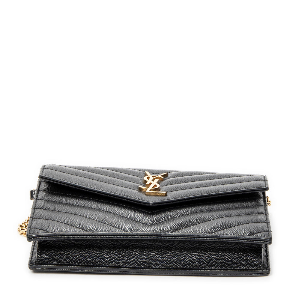Shoulder Bag Envelope Wallet On Chain Black Quilted Grain de Poudre Leather
