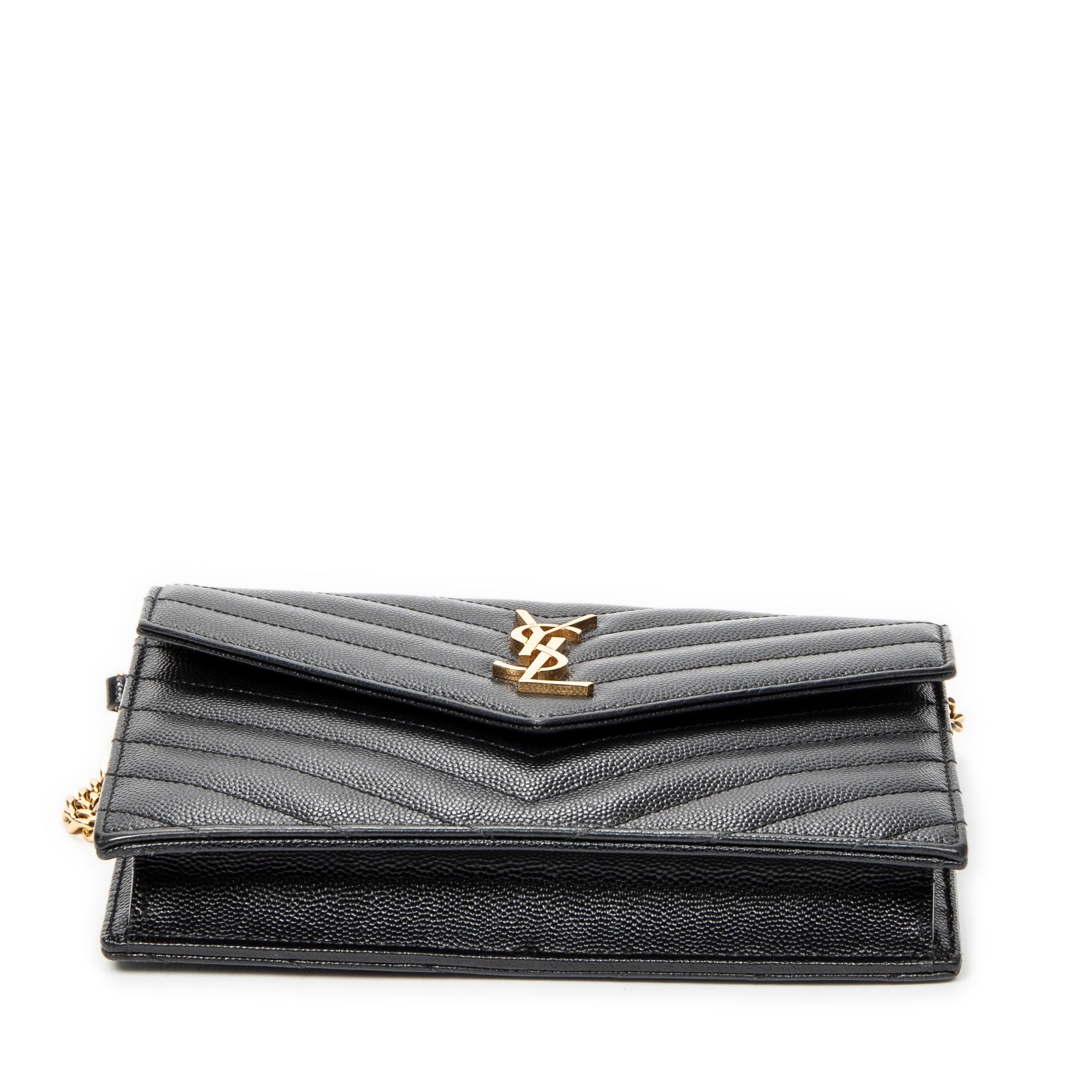 Shoulder Bag Envelope Wallet On Chain Black Quilted Grain de Poudre Leather