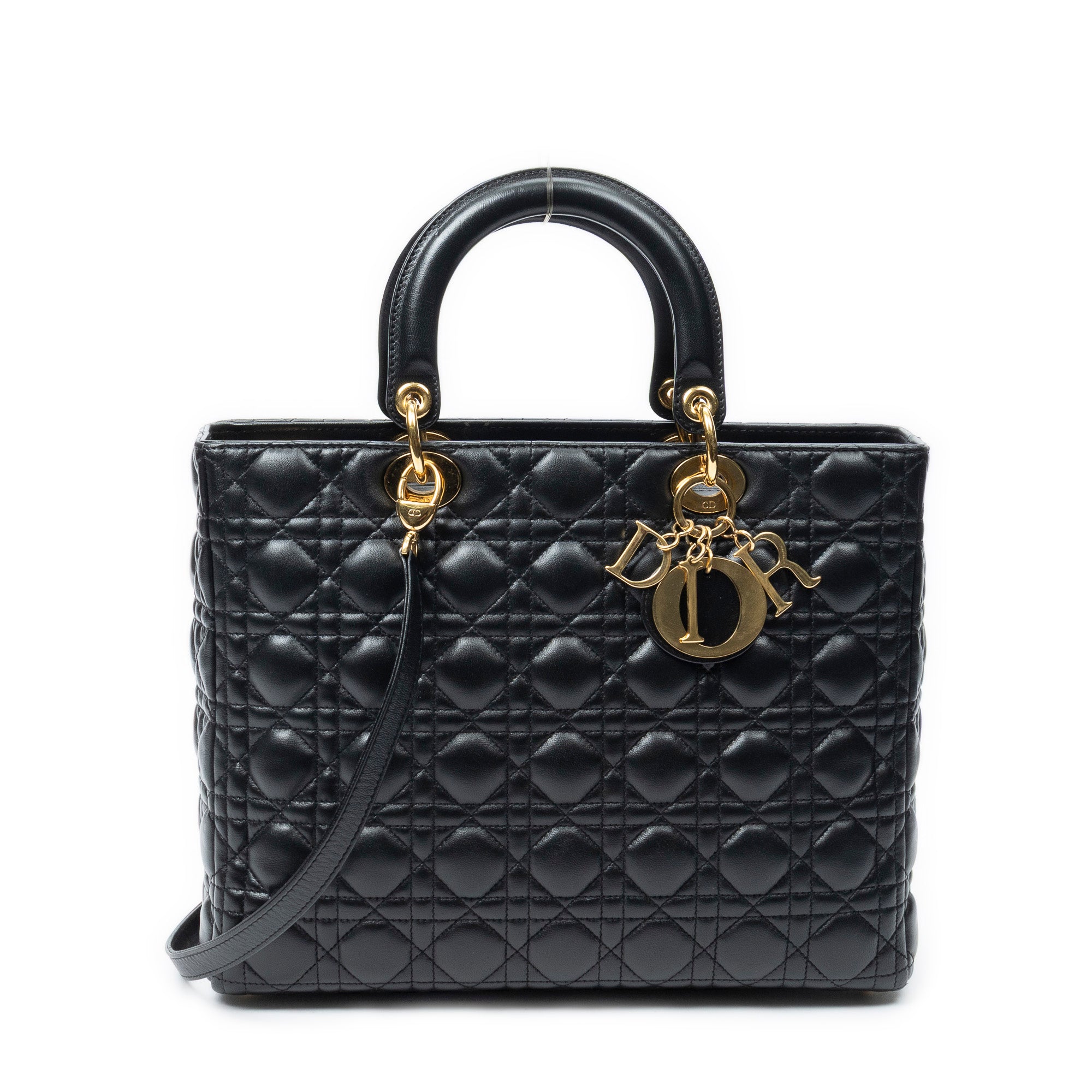 Sac à bandoulière Lady Dior grand modèle zippé en cuir d'agneau Cannage noir