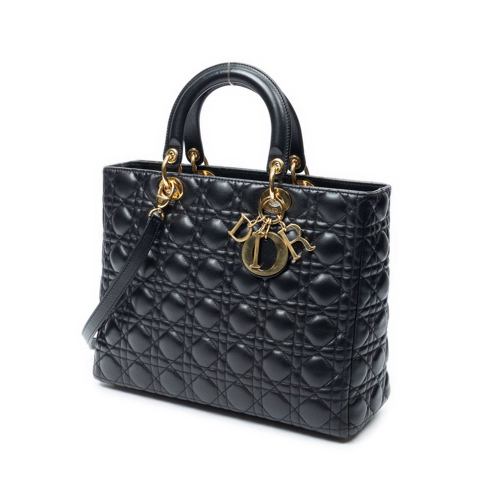 Sac à bandoulière Lady Dior grand modèle zippé en cuir d'agneau Cannage noir