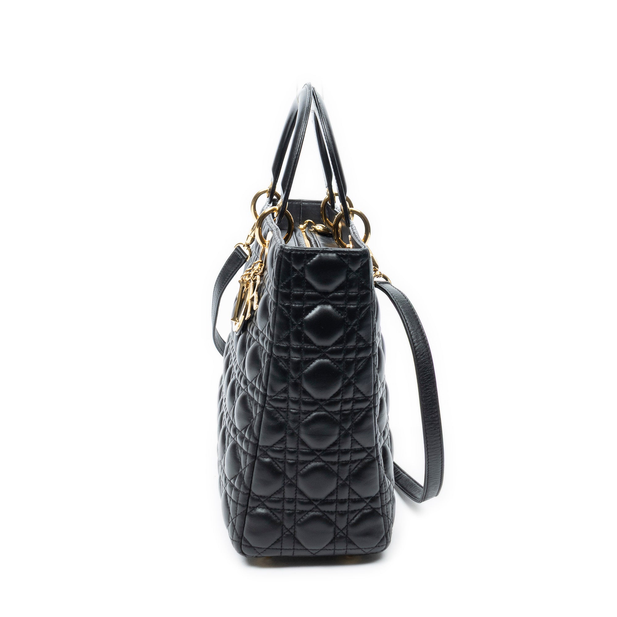 Sac à bandoulière Lady Dior grand modèle zippé en cuir d'agneau Cannage noir