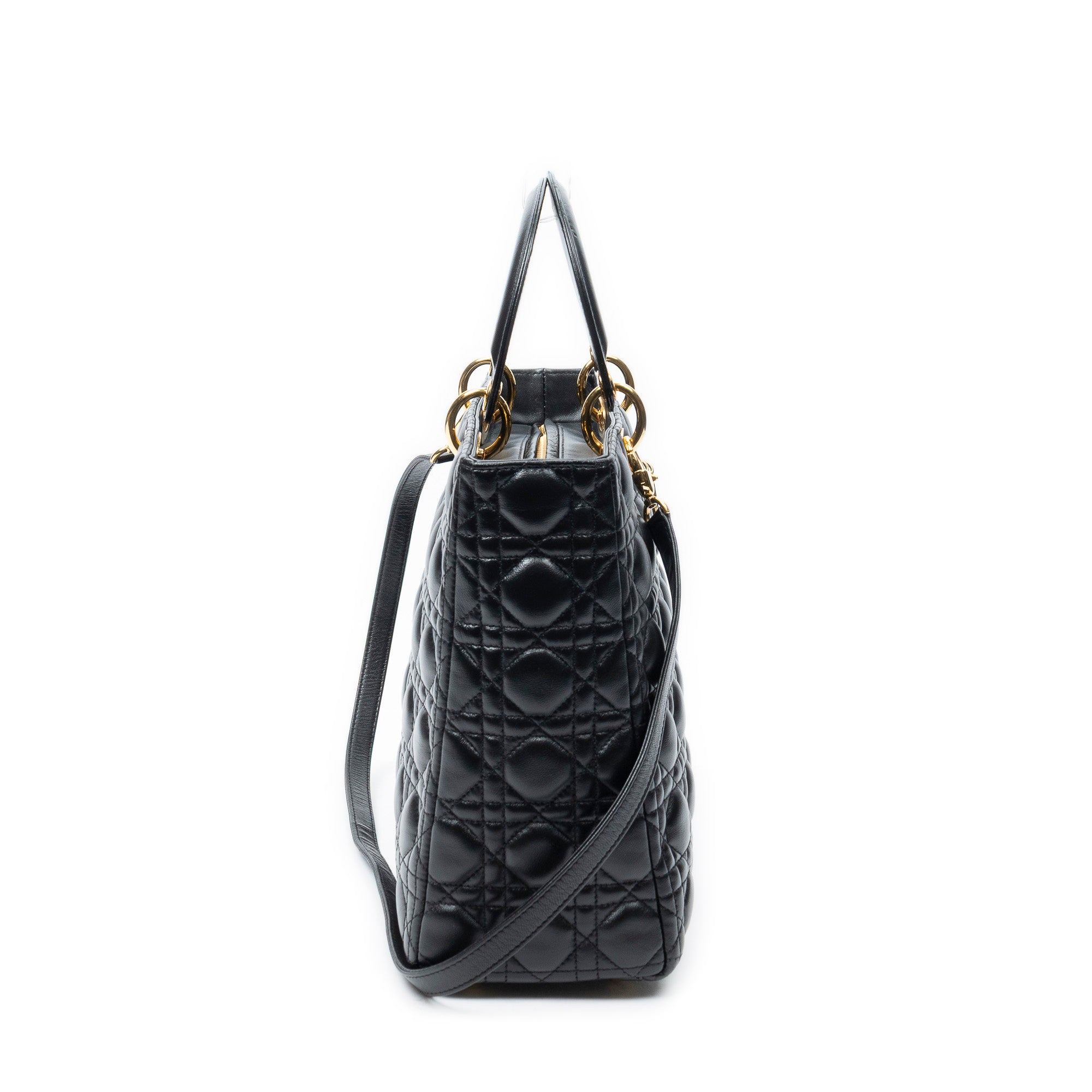 Sac à bandoulière Lady Dior grand modèle zippé en cuir d'agneau Cannage noir