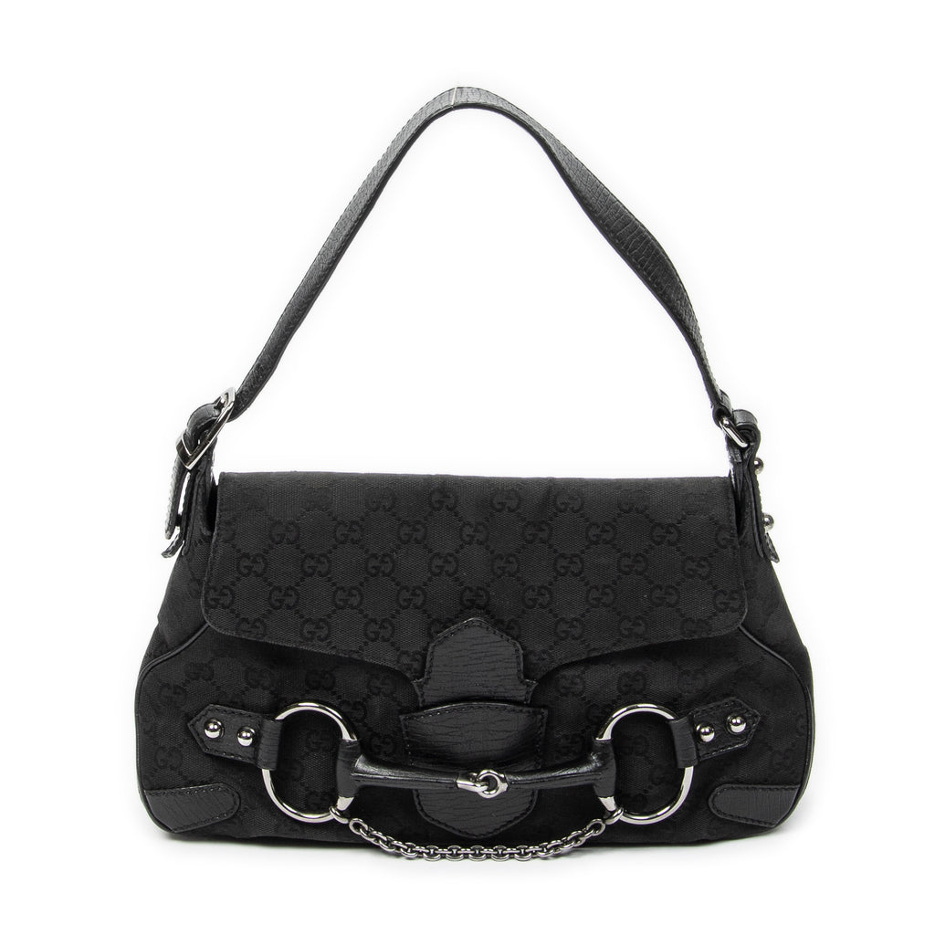 Shoulder Bag Horsebit Chain Shoulder Flap Black Monogrammed Canvas