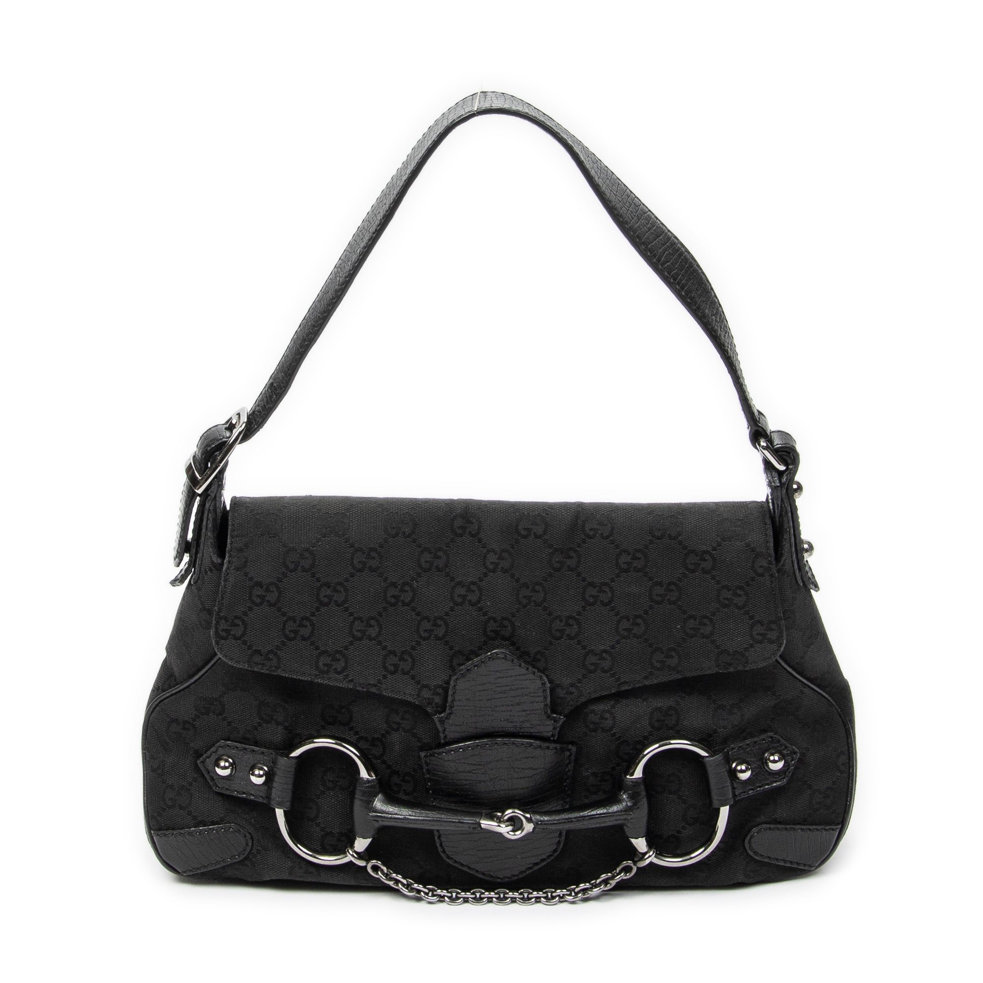 Shoulder Bag Horsebit Chain Shoulder Flap Black Monogrammed Canvas