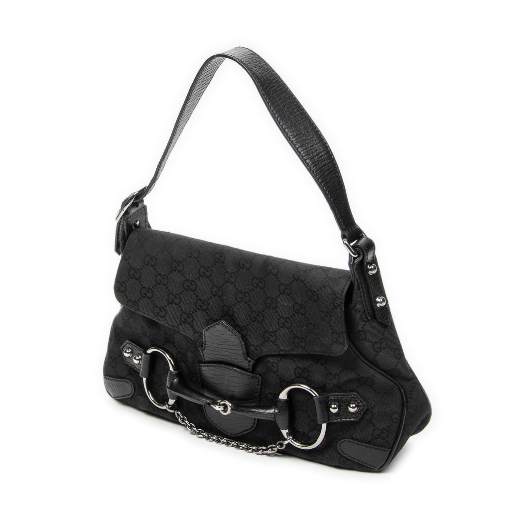 Shoulder Bag Horsebit Chain Shoulder Flap Black Monogrammed Canvas