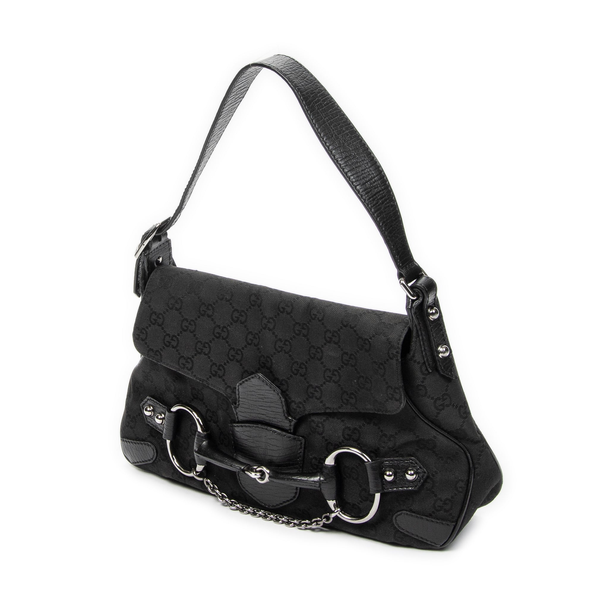 Shoulder Bag Horsebit Chain Shoulder Flap Black Monogrammed Canvas