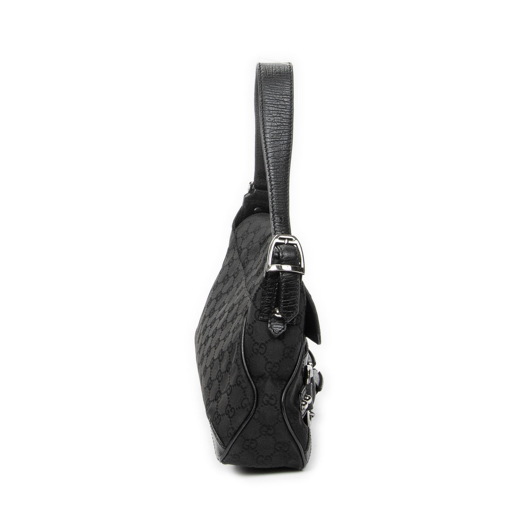 Shoulder Bag Horsebit Chain Shoulder Flap Black Monogrammed Canvas