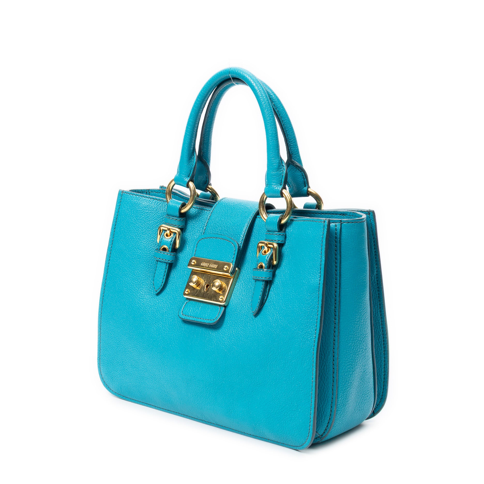 Handbag Pushlock Top Handle Teal Madras Leather