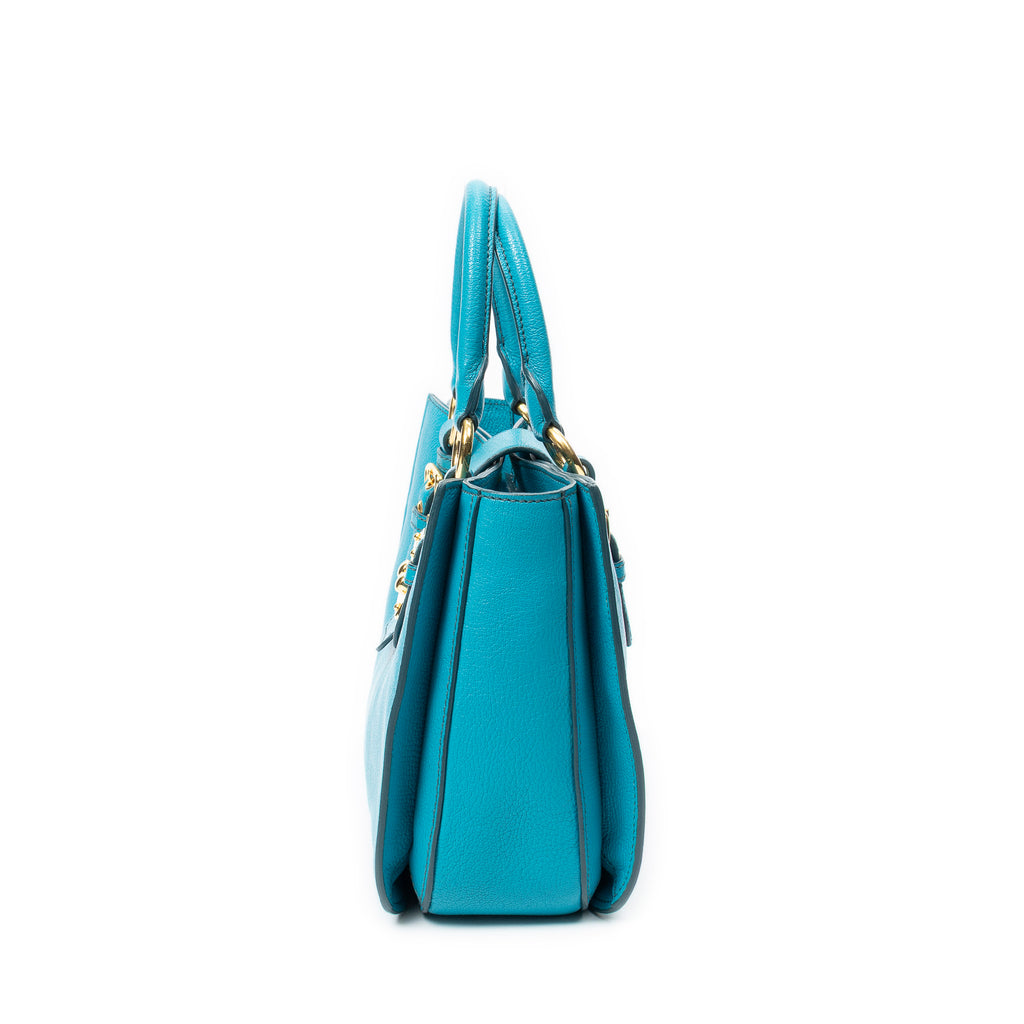 Handbag Pushlock Top Handle Teal Madras Leather