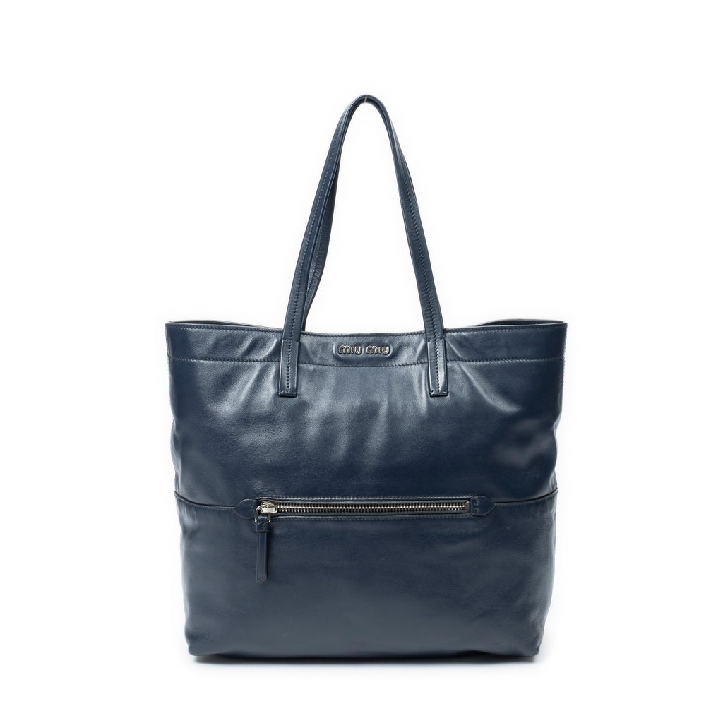 Shoulder Bag Front Pocket Shopping Tote Navy Vitello Soft Leather