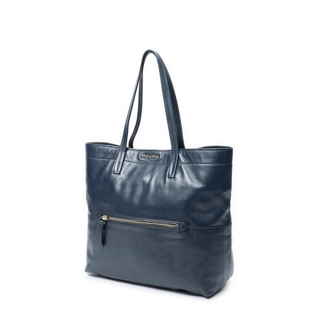 Shoulder Bag Front Pocket Shopping Tote Navy Vitello Soft Leather