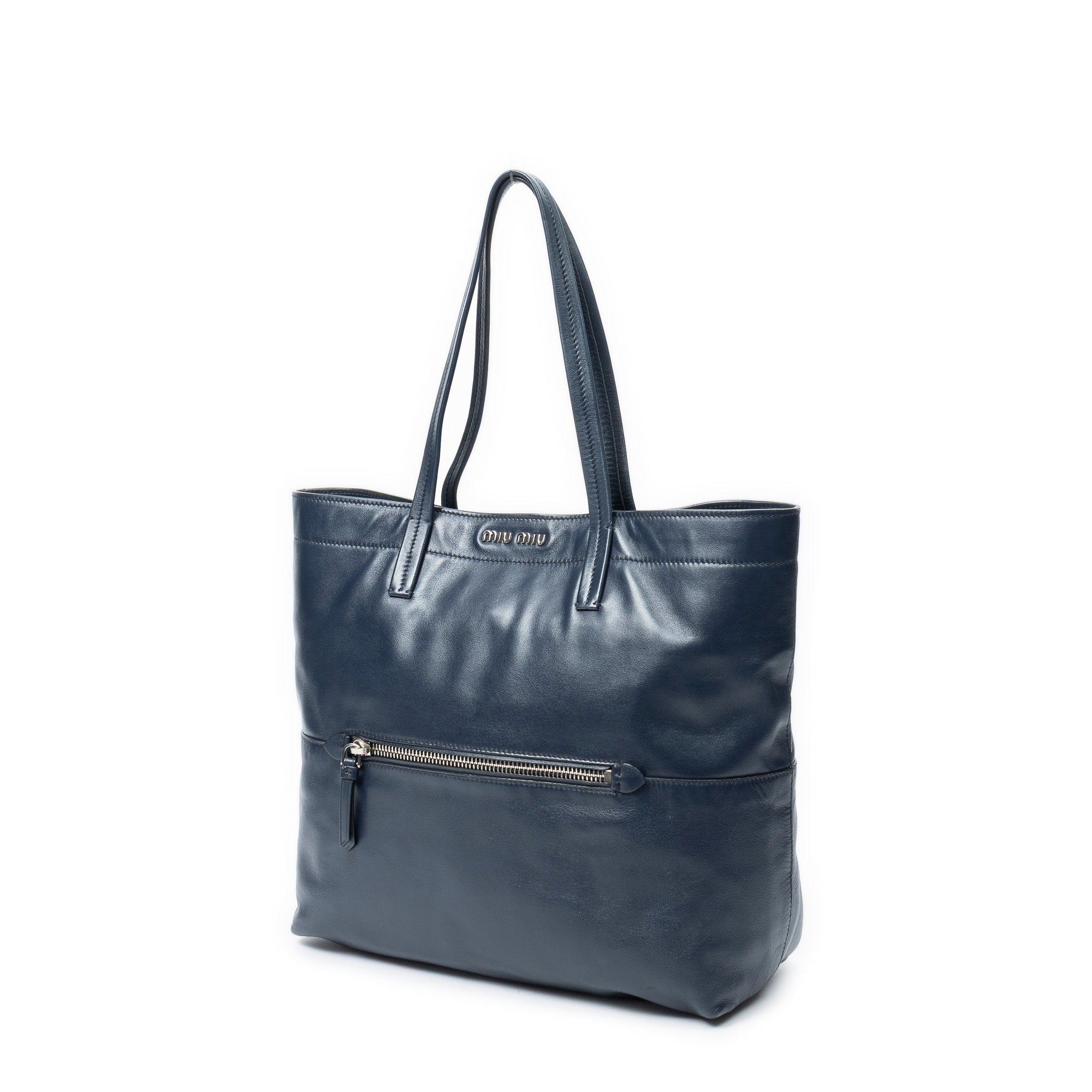 Shoulder Bag Front Pocket Shopping Tote Navy Vitello Soft Leather