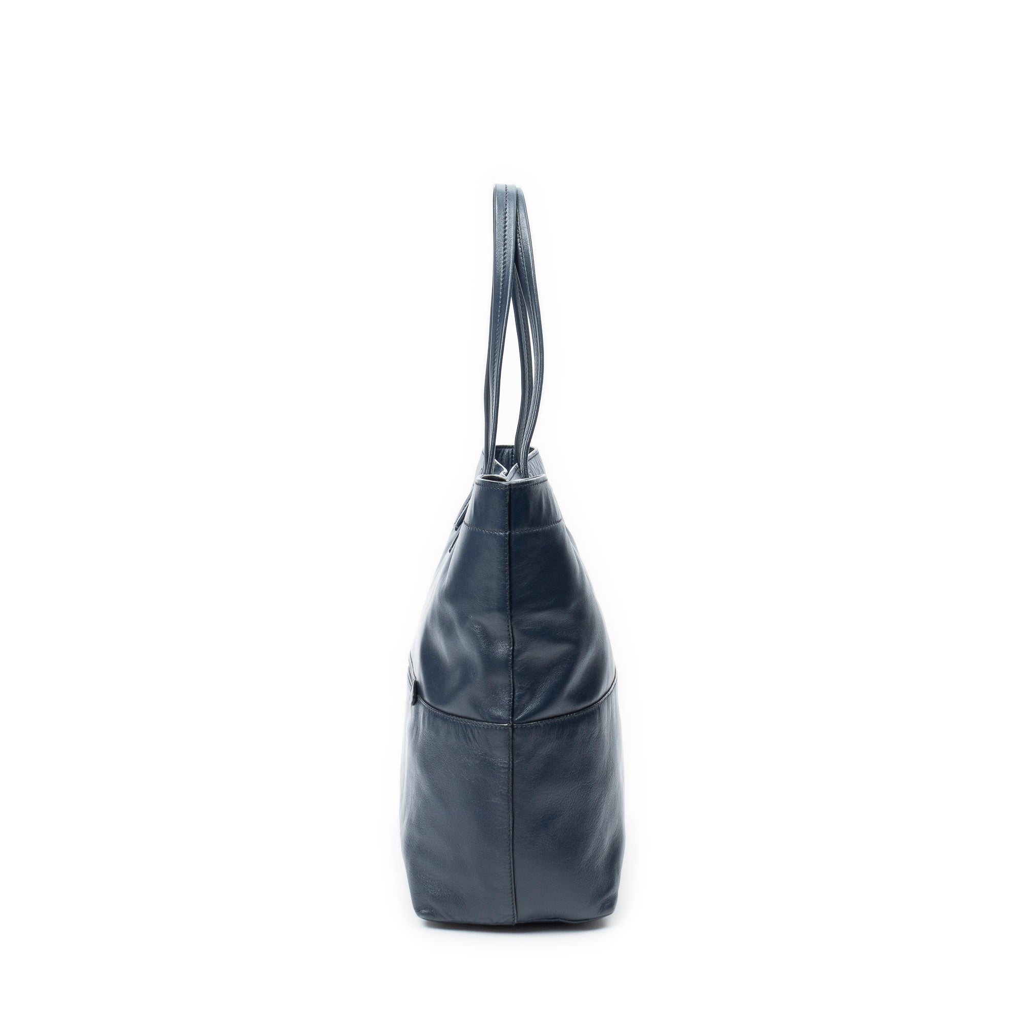 Shoulder Bag Front Pocket Shopping Tote Navy Vitello Soft Leather
