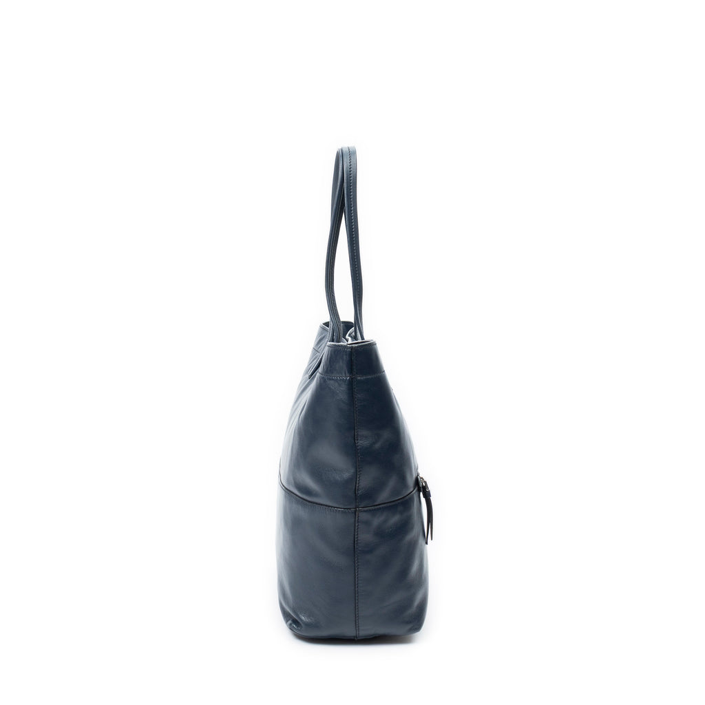 Shoulder Bag Front Pocket Shopping Tote Navy Vitello Soft Leather