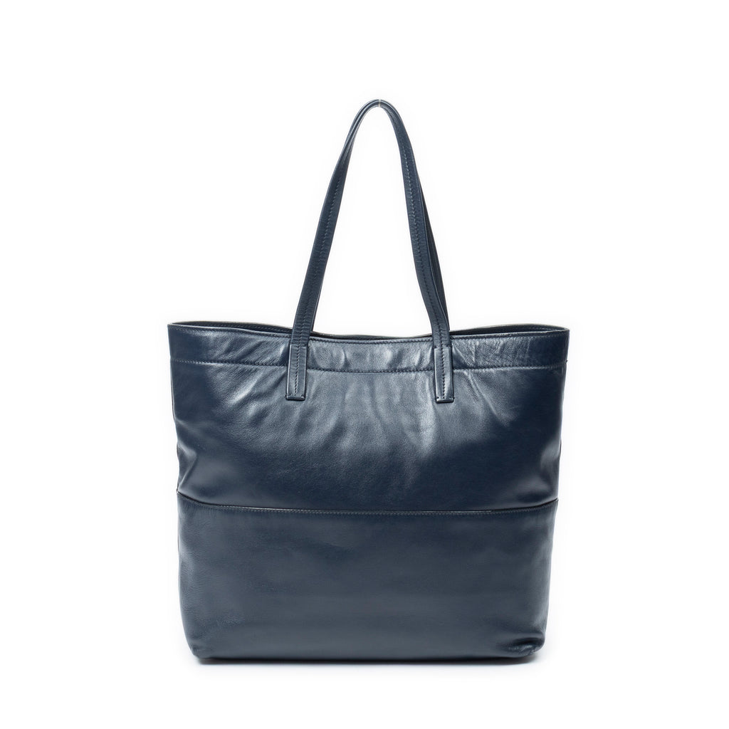 Shoulder Bag Front Pocket Shopping Tote Navy Vitello Soft Leather