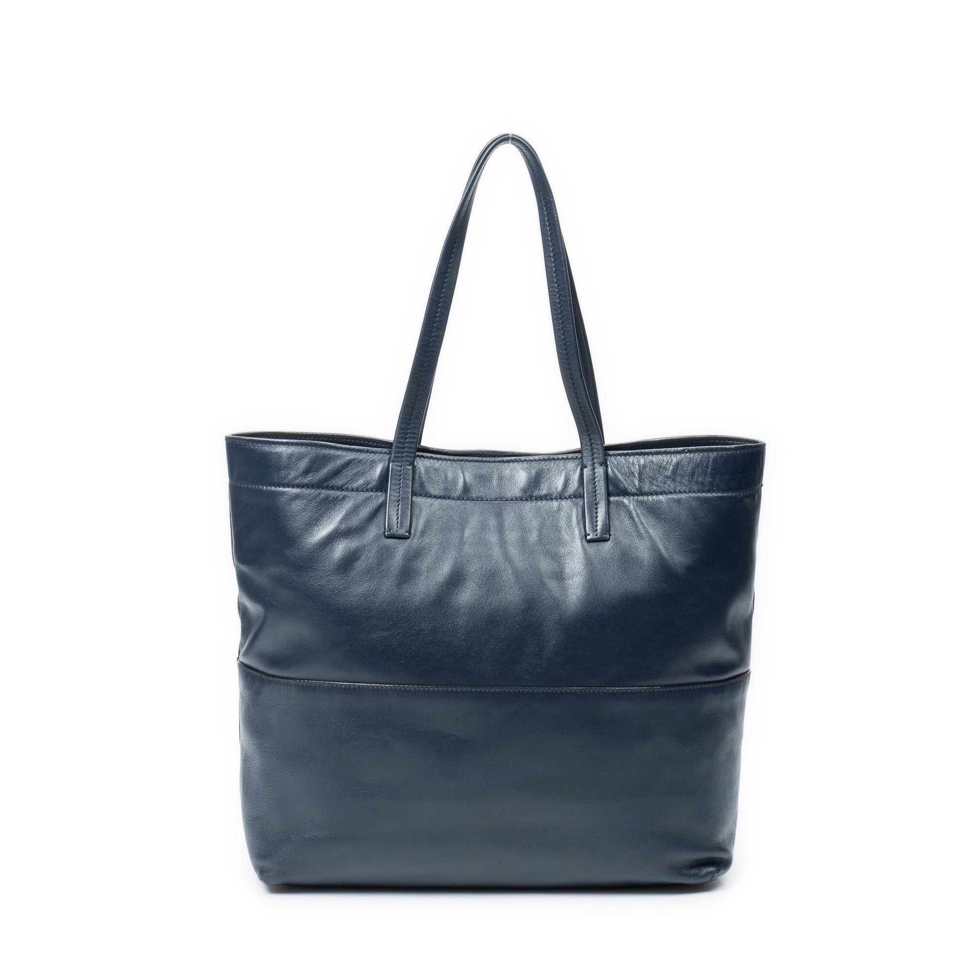 Shoulder Bag Front Pocket Shopping Tote Navy Vitello Soft Leather