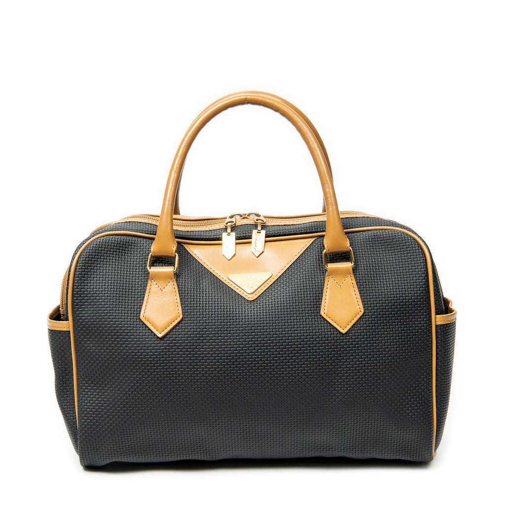 Handbag Vintage Side Pocket Boston Black Woven Coated Canvas