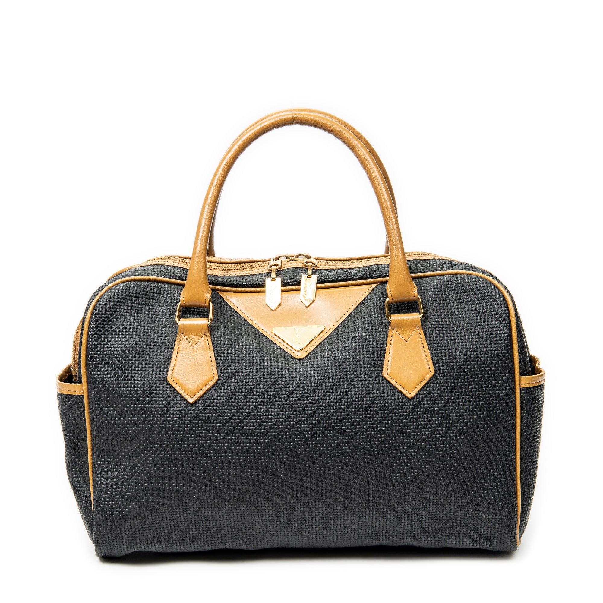 Handbag Vintage Side Pocket Boston Black Woven Coated Canvas