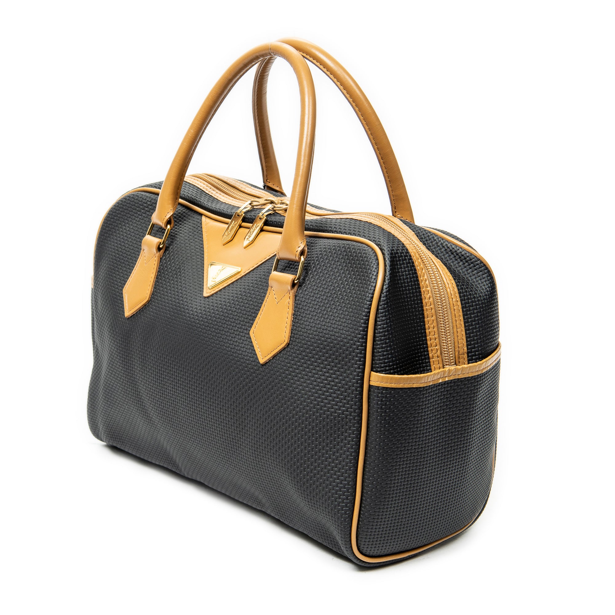 Handbag Vintage Side Pocket Boston Black Woven Coated Canvas