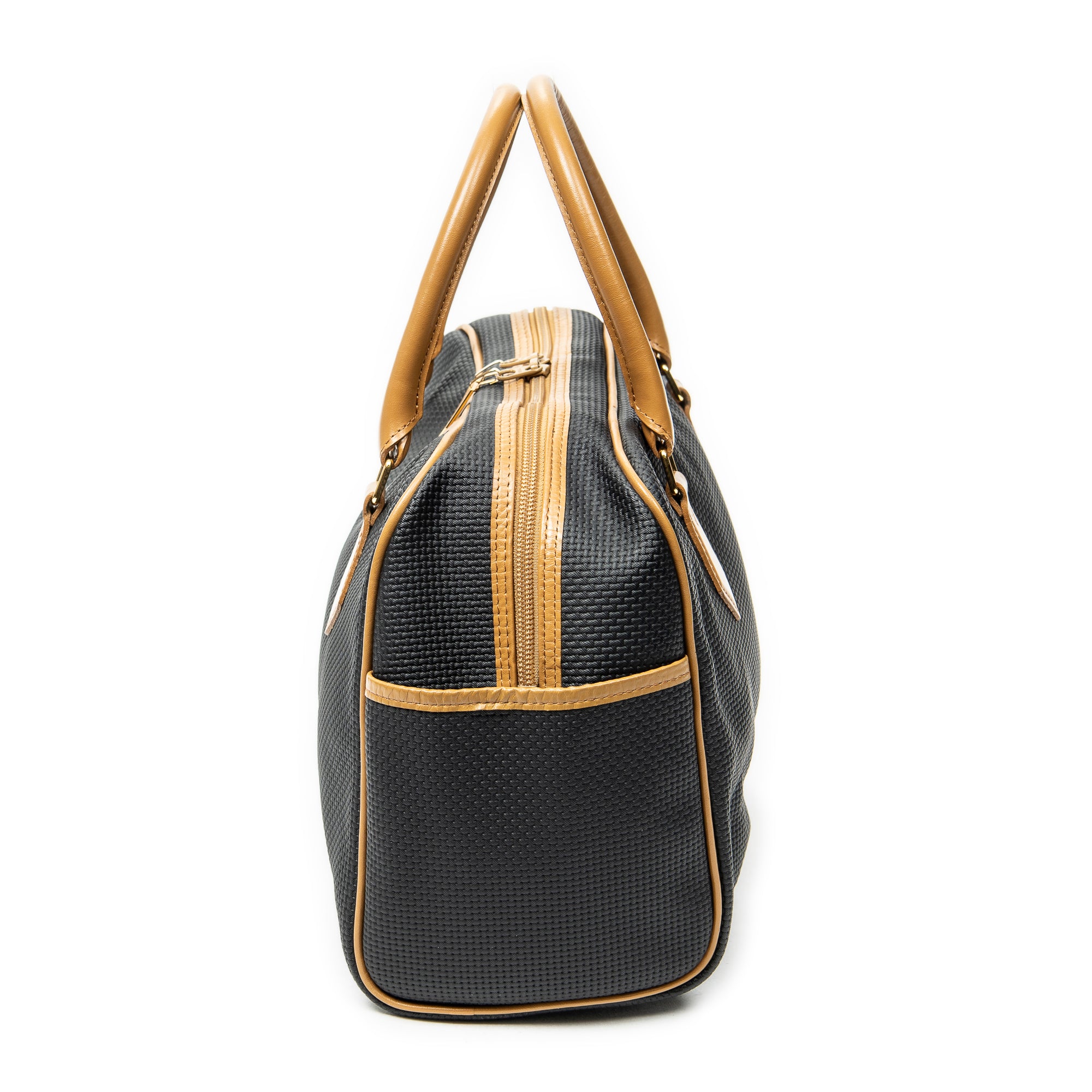 Handbag Vintage Side Pocket Boston Black Woven Coated Canvas
