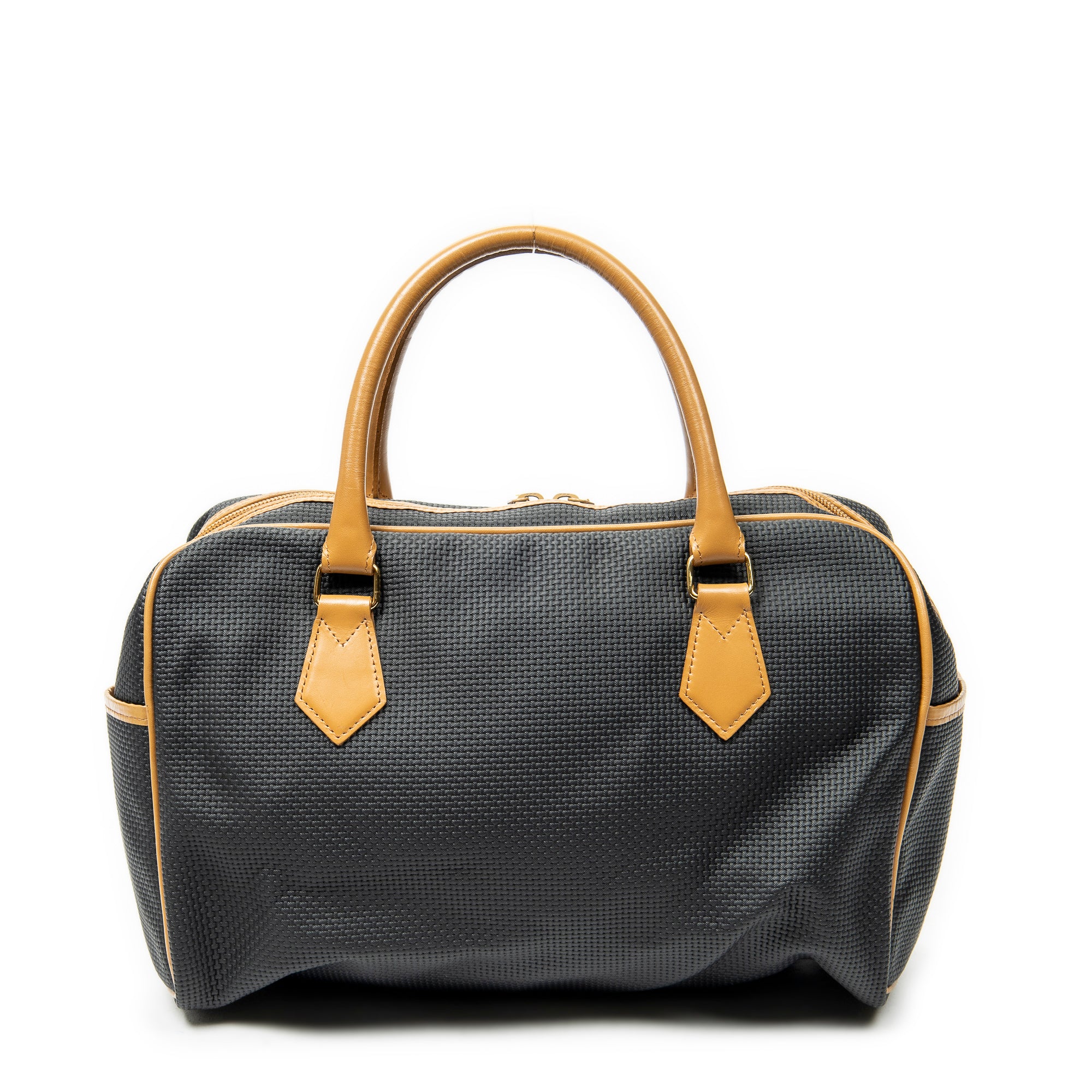Handbag Vintage Side Pocket Boston Black Woven Coated Canvas